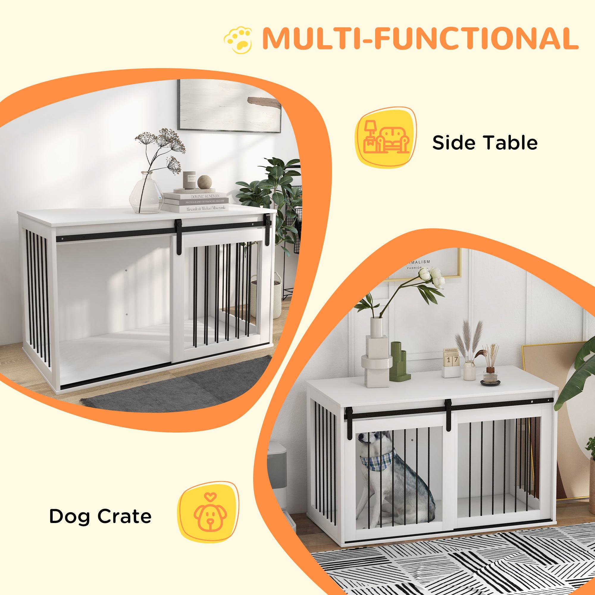 Dog Crate Furniture, 46.5" Dog Crate End Table Indoor Dog House for Extra Large Dogs, with Sliding Door, Lock, White
