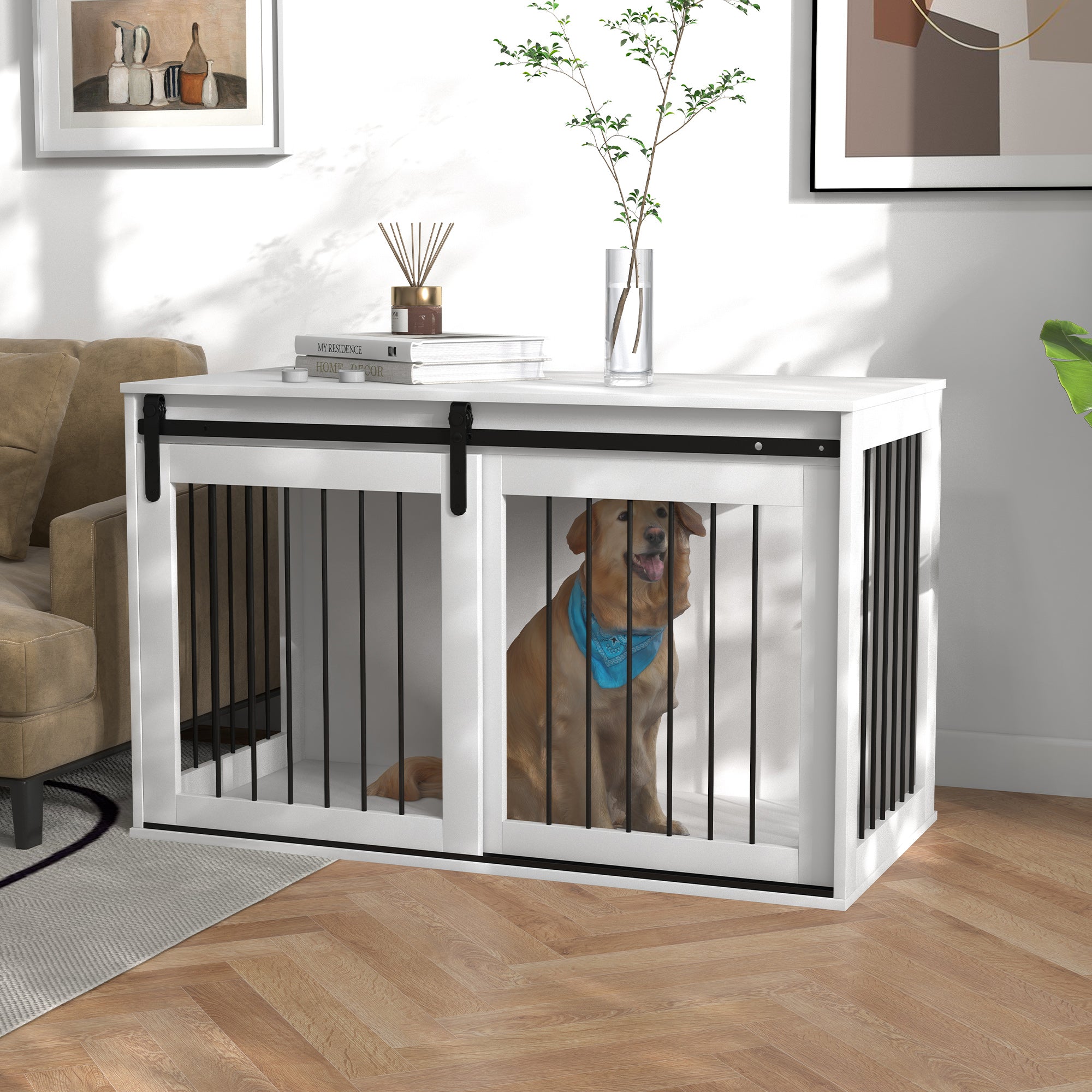 Dog Crate Furniture, 46.5" Dog Crate End Table Indoor Dog House for Extra Large Dogs, with Sliding Door, Lock, White