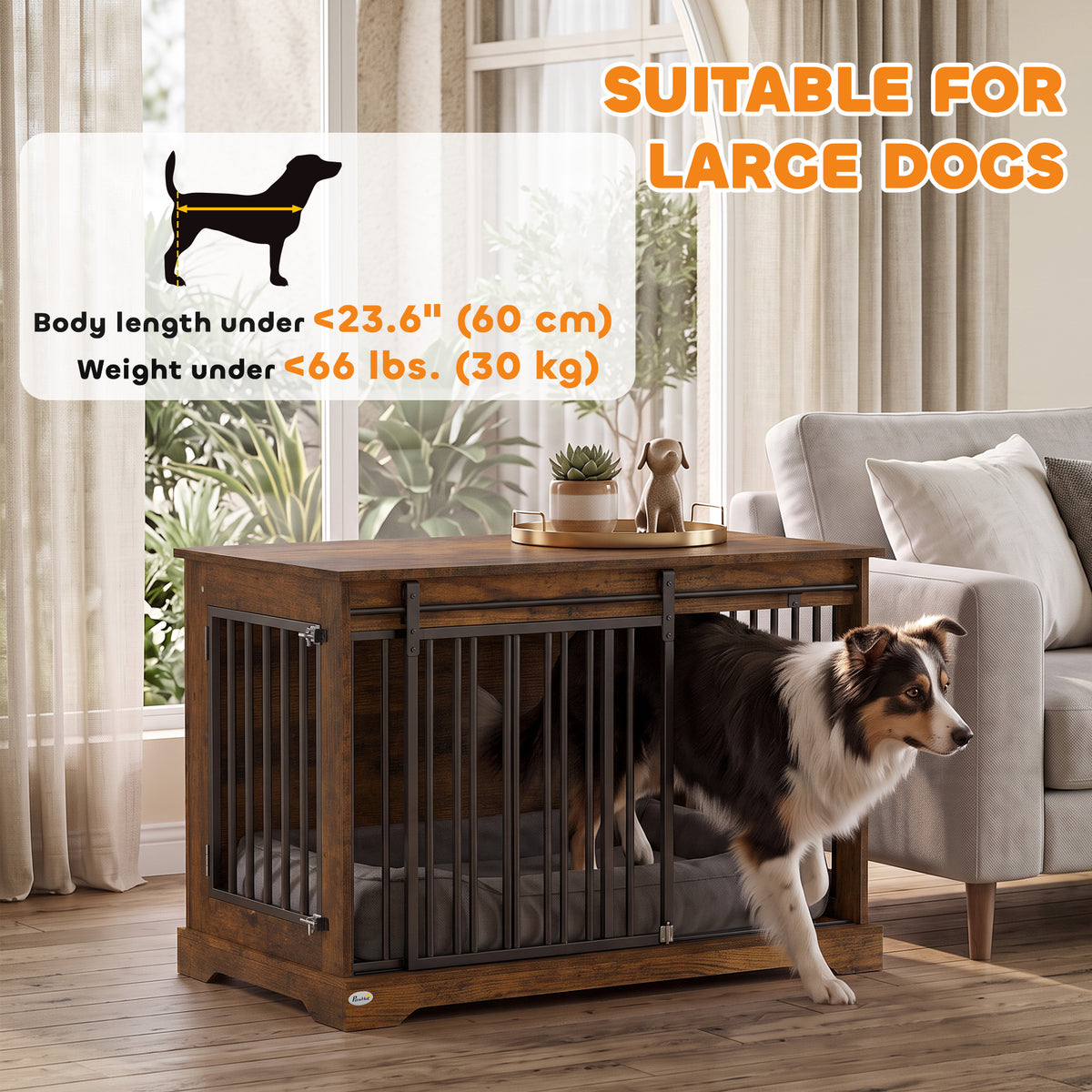 Dog Crate Furniture, 100 cm Wooden Dog Kennel Indoor Double Door with Sliding Barn Door, Decorative Pet Kennel End Side Table for Large Breeds, Tiger Wood Grain, Black