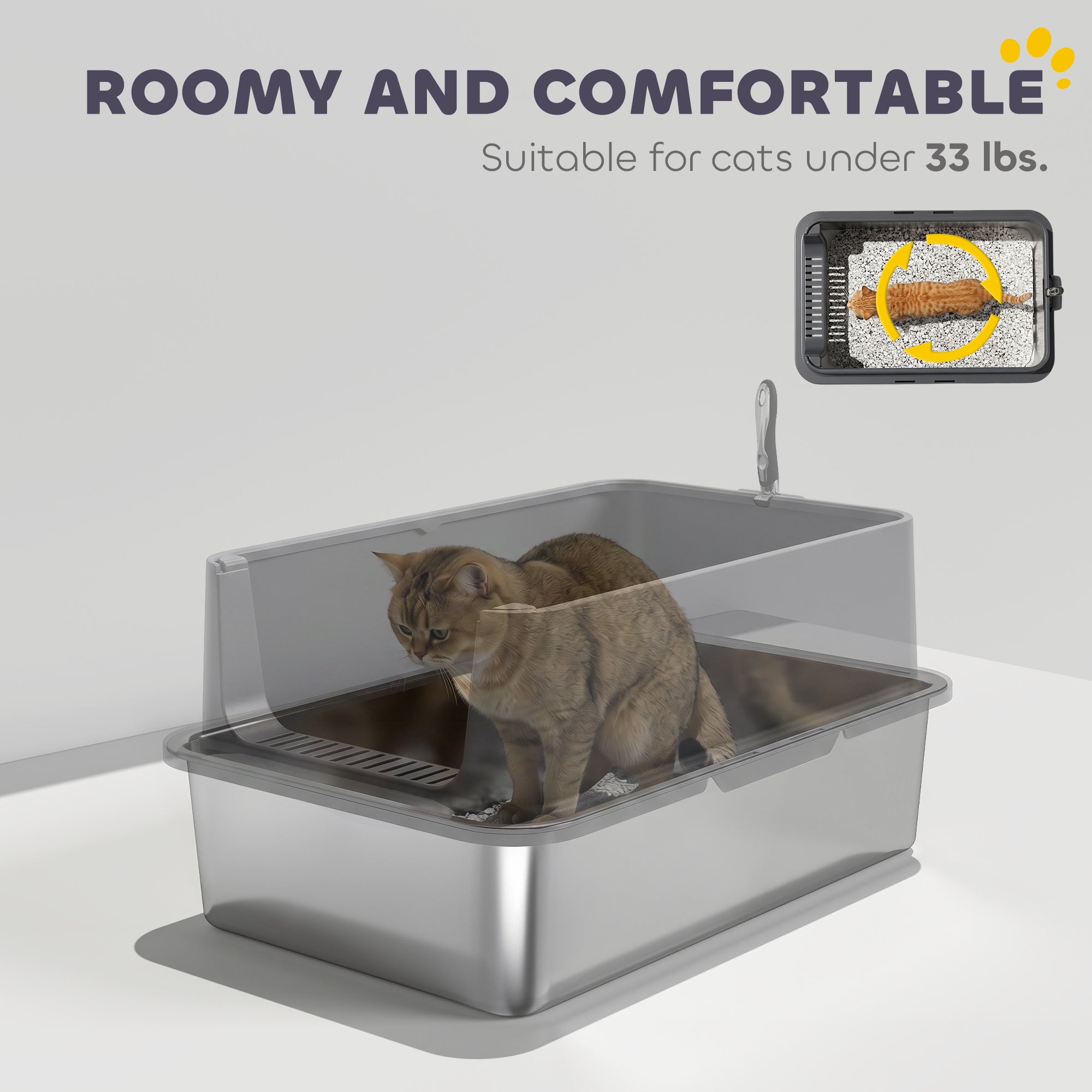 Stainless Steel Cat Litter Box, XL Extra Large Metal Litter Box Pan Tray for Big Cats, High Sided, Anti-Urine Leakage, Easy Cleaning, Non-Sticky, Absorbs Odors, Include Scoop & Pad, Dark Gray
