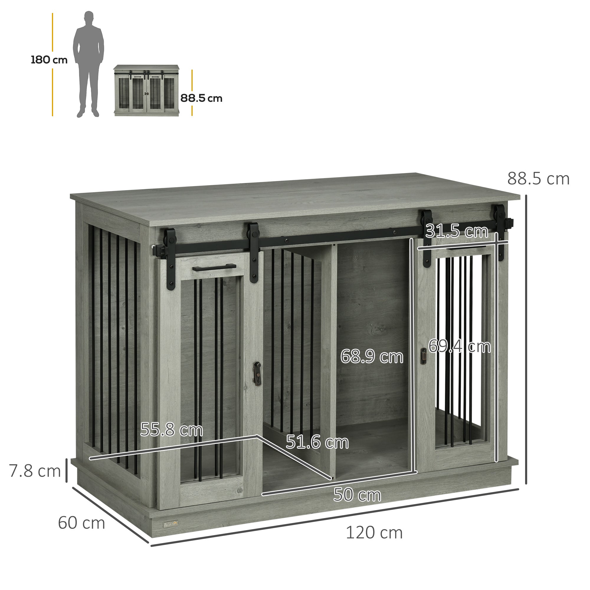 Dog Crate Furniture for Large Dog, Double Dog Cage for Small Dogs with Divider, Sliding Doors - Grey