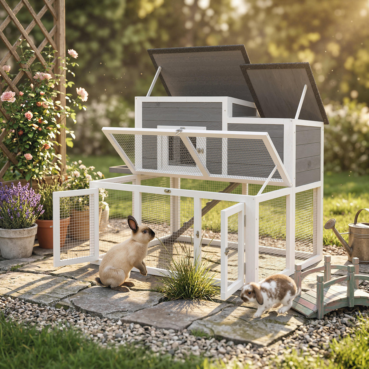 Wooden Rabbit Hutch, 2-Story Bunny Cage w/ Run, Waterproof & Openable Roof, Pull Out Tray and Ramp, Bunny Hutch for 1-2 Rabbits, Outdoor Use