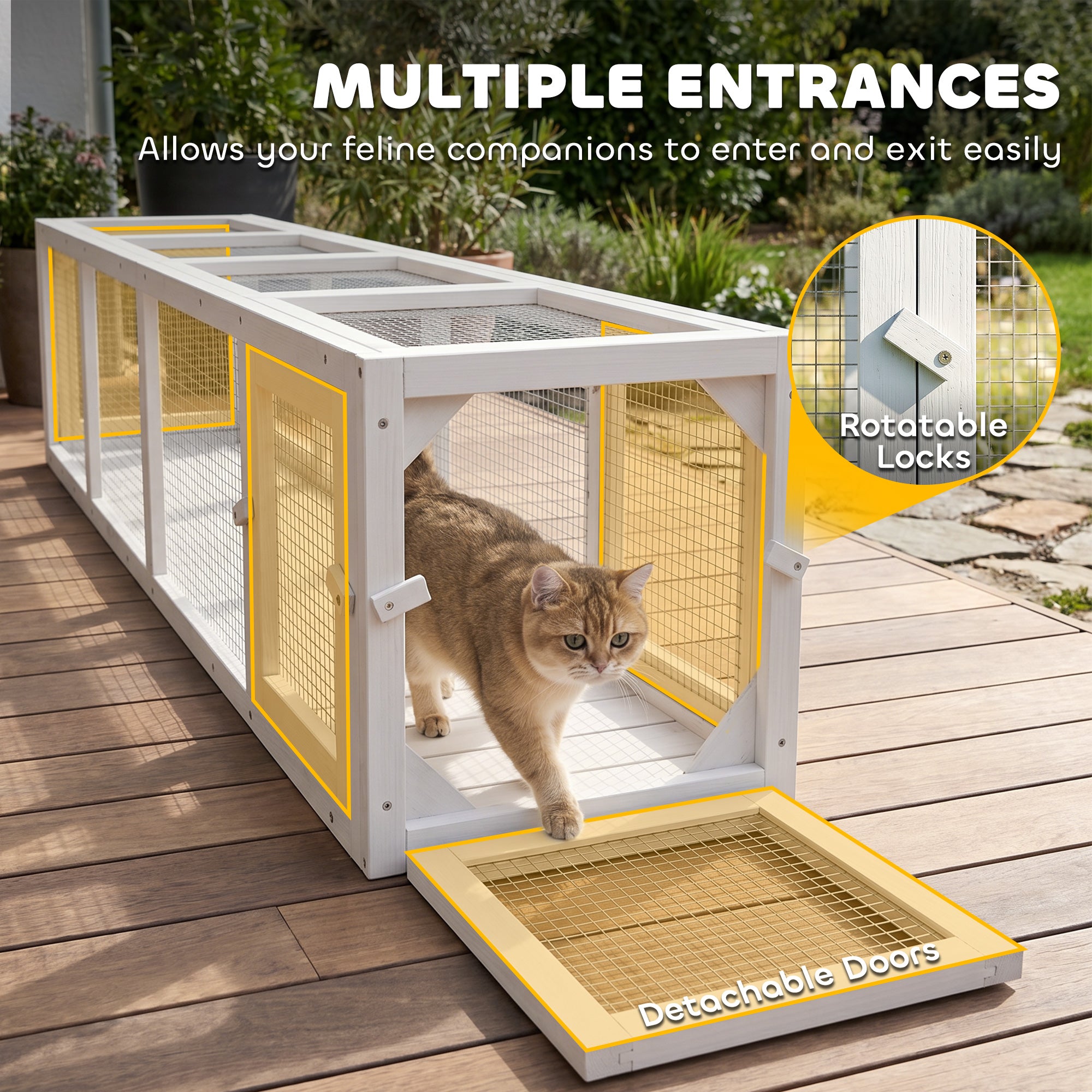 Outdoor Cat Tunnel with Extendable Design, 79" L Wooden Cat Run with Weather Protection, Connecting Inside and Outside, for Deck Patios, Balconies, White