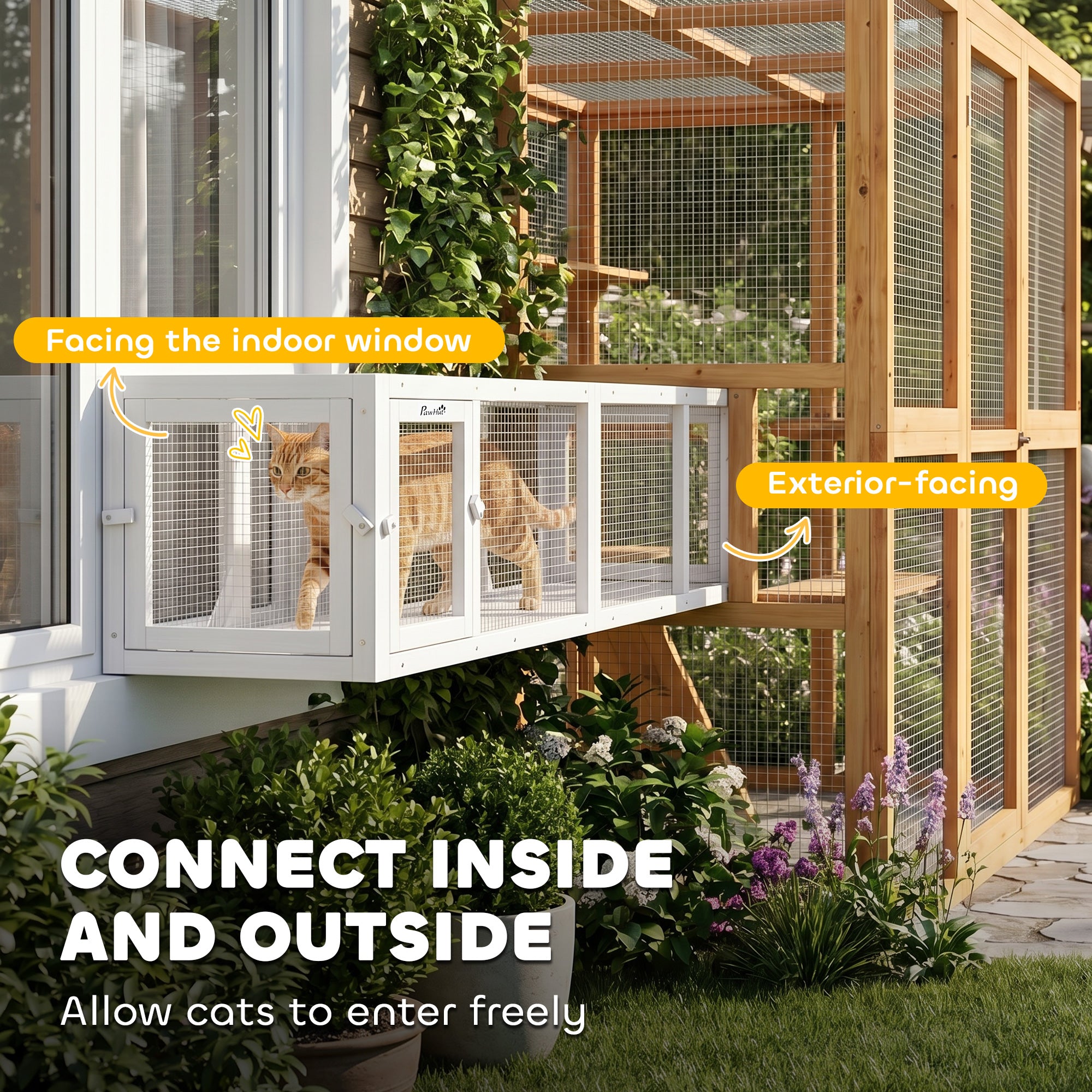 Outdoor Cat Tunnel with Extendable Design, 79" L Wooden Cat Run with Weather Protection, Connecting Inside and Outside, for Deck Patios, Balconies, White