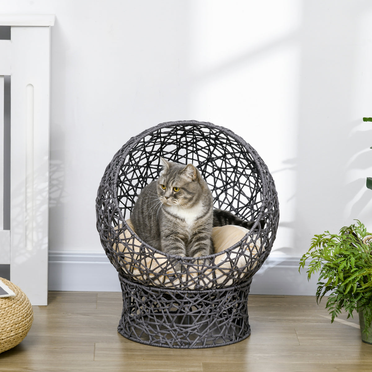 Cat Bed, Elevated Rope Weave Cat Egg Chair with Cushion, Handwoven Kitty House with Stand for Indoor Kittens, Violet