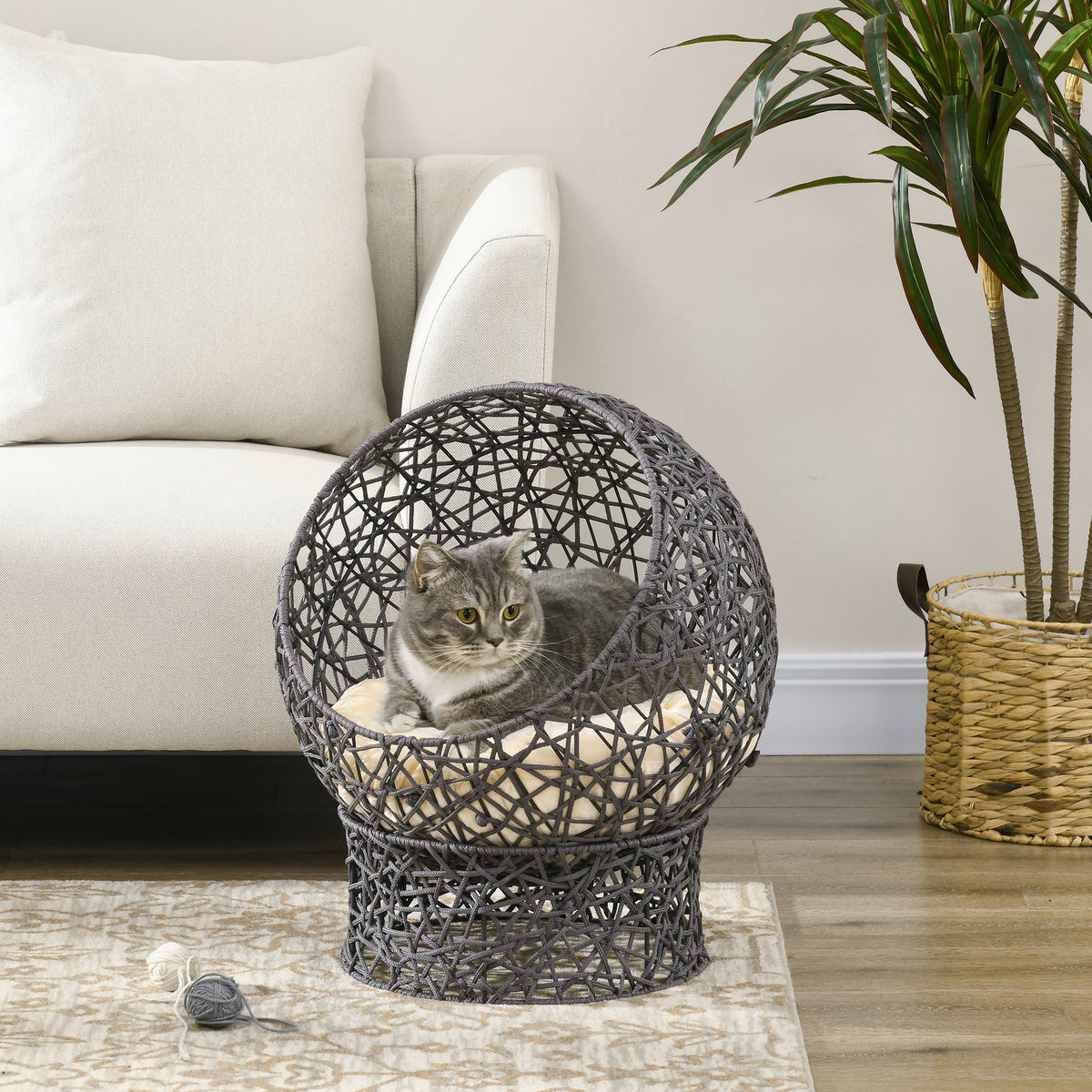 Cat Bed, Elevated Rope Weave Cat Egg Chair with Cushion, Handwoven Kitty House with Stand for Indoor Kittens, Violet