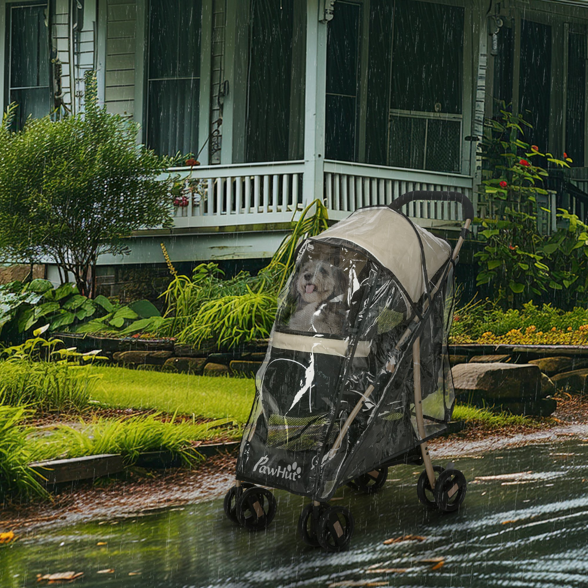 Dog Stroller with Rain Cover, Foldable Dog Pram, 4 Wheels Pet Pushchair with Safety Leashes, for Small, Miniature Dogs, Cats - Khaki