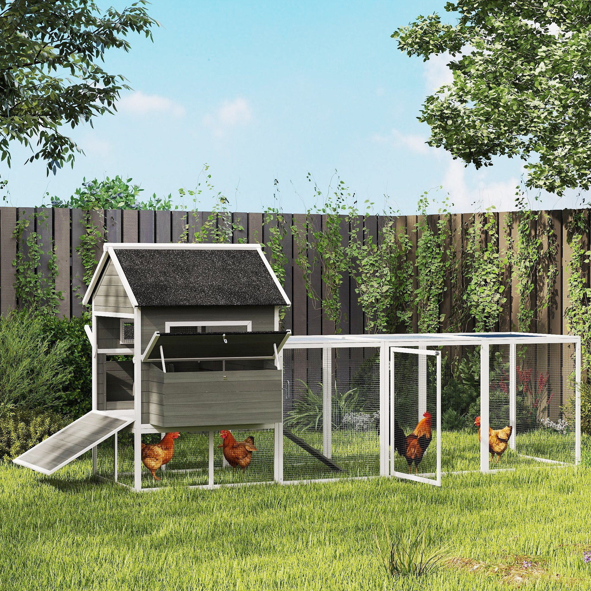 137" Chicken Coop for 8-10 Chickens, Large Chicken House, Wooden Poultry Hen Cage with Nesting Box and Run for Backyard, Dark Gray