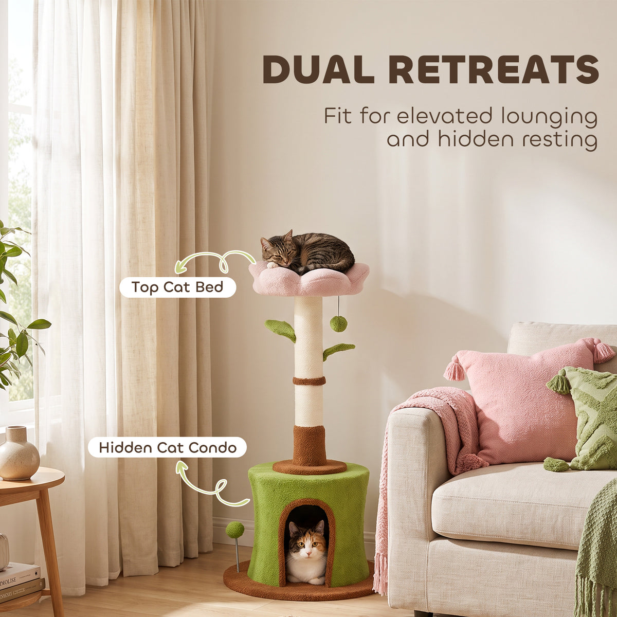 Cat Tree for Indoor Kittens, 88cm Flower Cat Tower with Condo & Bed, Scratching Post, 2 Toy Balls and 2 Crinkle Leaves, Kitty Activity Centre for Playing and Resting