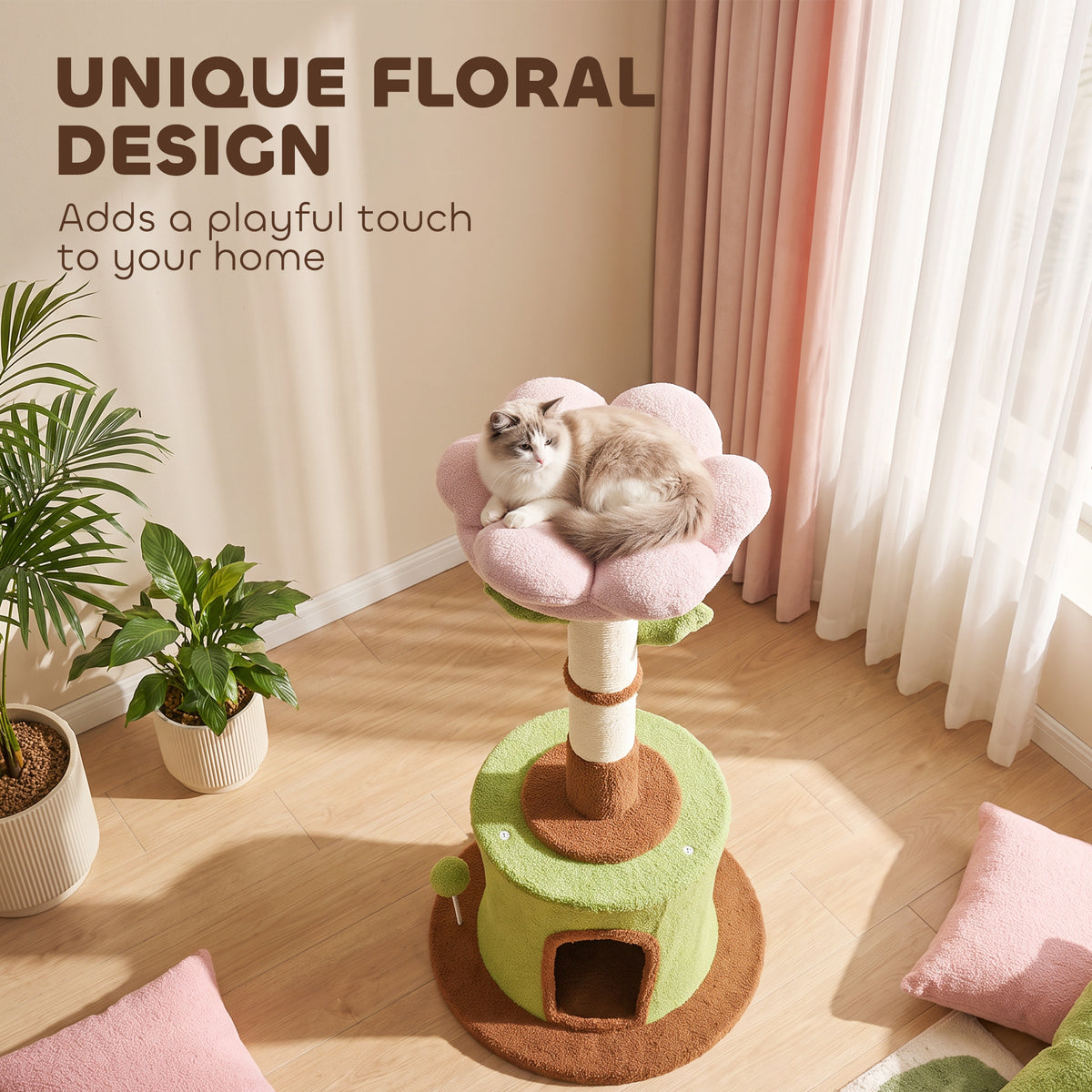 Cat Tree for Indoor Kittens, 88cm Flower Cat Tower with Condo & Bed, Scratching Post, 2 Toy Balls and 2 Crinkle Leaves, Kitty Activity Centre for Playing and Resting
