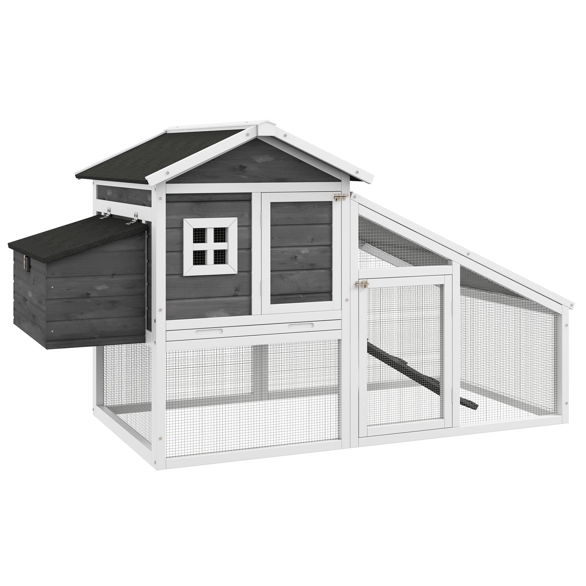 69" Chicken Coop Wooden Hen House Rabbit Hutch Poultry Cage Pen Outdoor Backyard with Outdoor Run Nesting Box Removable Tray Waterproof Asphalt Roof Lockable Door Grey