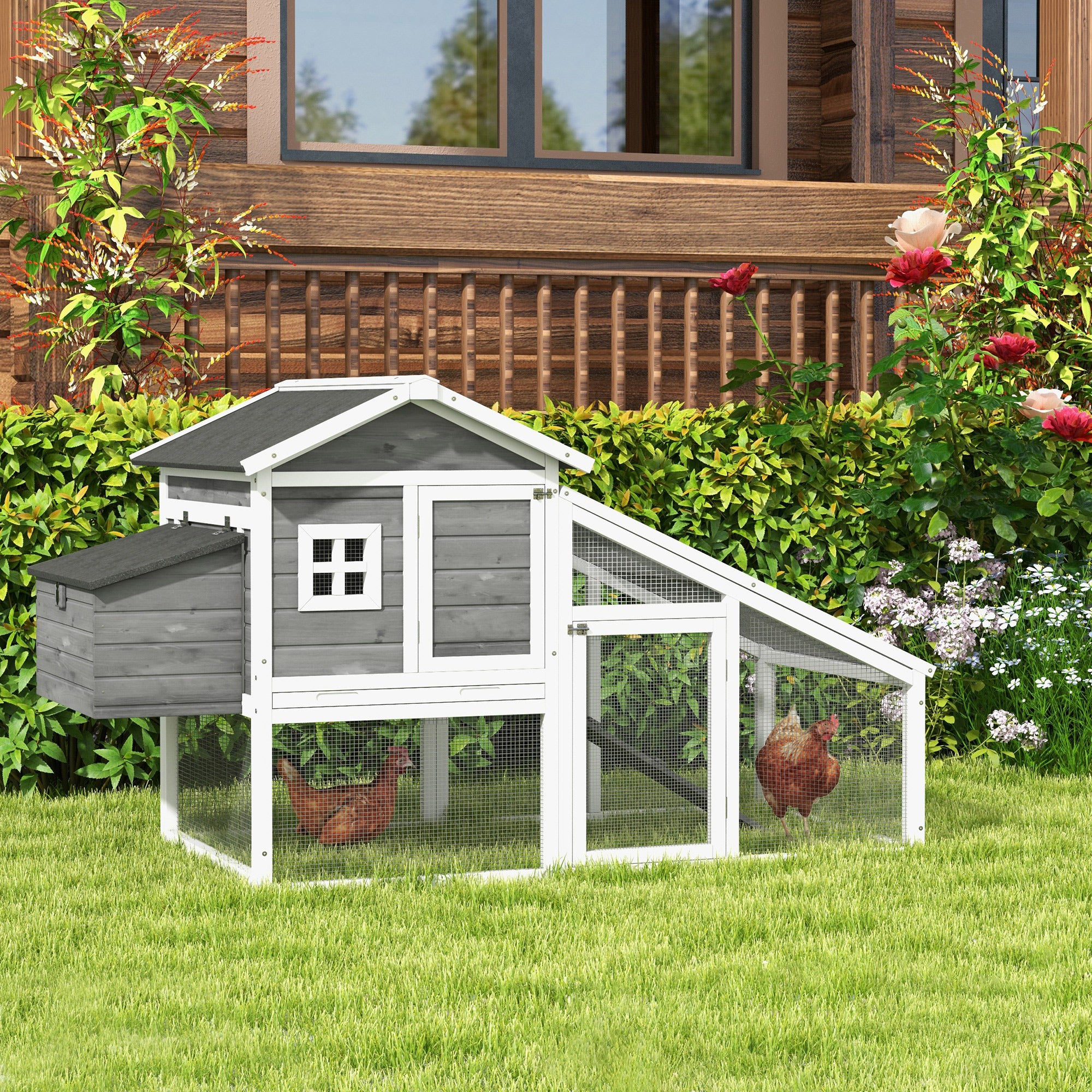 69" Chicken Coop Wooden Hen House Rabbit Hutch Poultry Cage Pen Outdoor Backyard with Outdoor Run Nesting Box Removable Tray Waterproof Asphalt Roof Lockable Door Grey