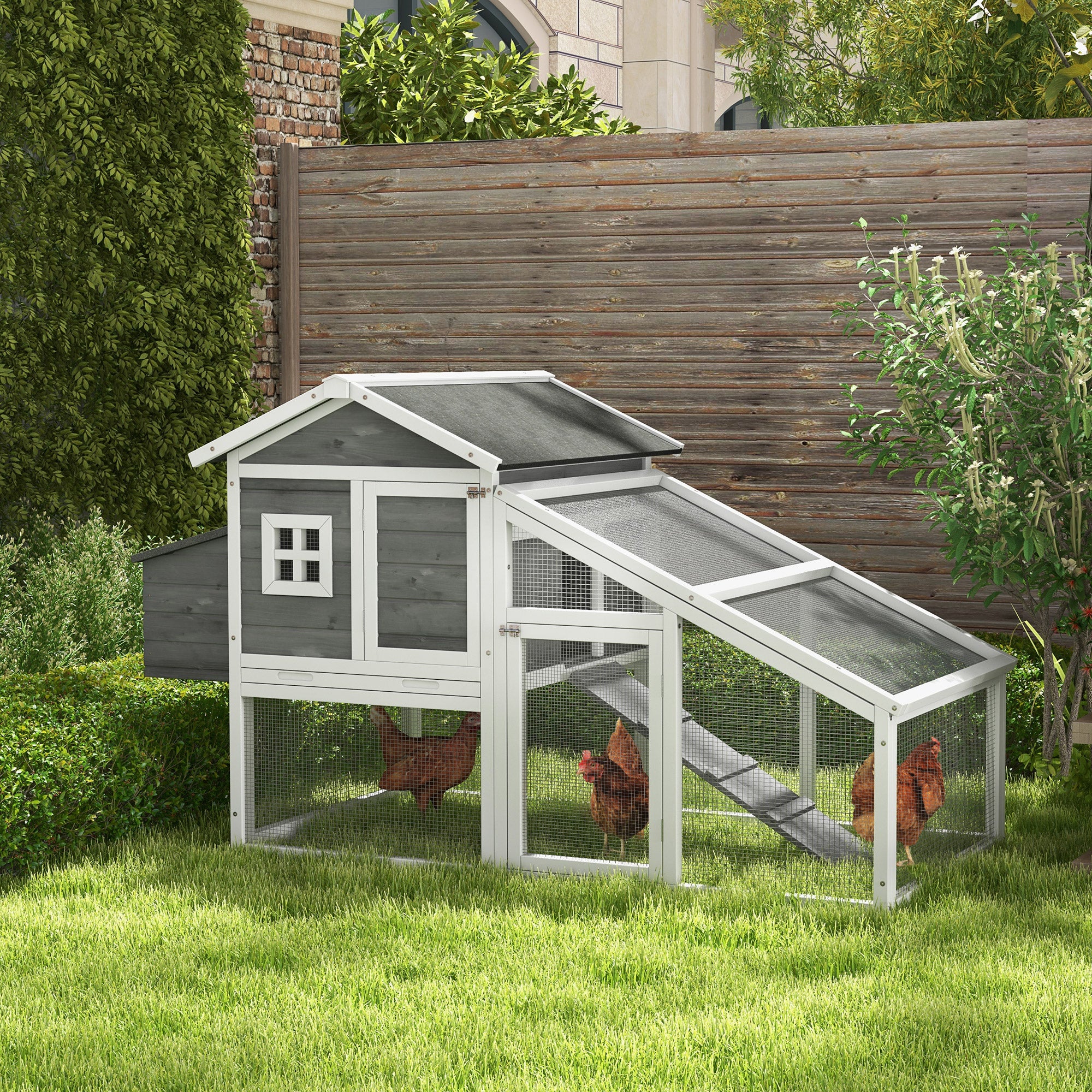 69" Chicken Coop Wooden Hen House Rabbit Hutch Poultry Cage Pen Outdoor Backyard with Outdoor Run Nesting Box Removable Tray Waterproof Asphalt Roof Lockable Door Grey