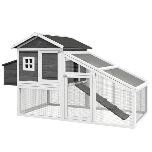 69" Chicken Coop Wooden Hen House Rabbit Hutch Poultry Cage Pen Outdoor Backyard with Outdoor Run Nesting Box Removable Tray Waterproof Asphalt Roof Lockable Door Grey