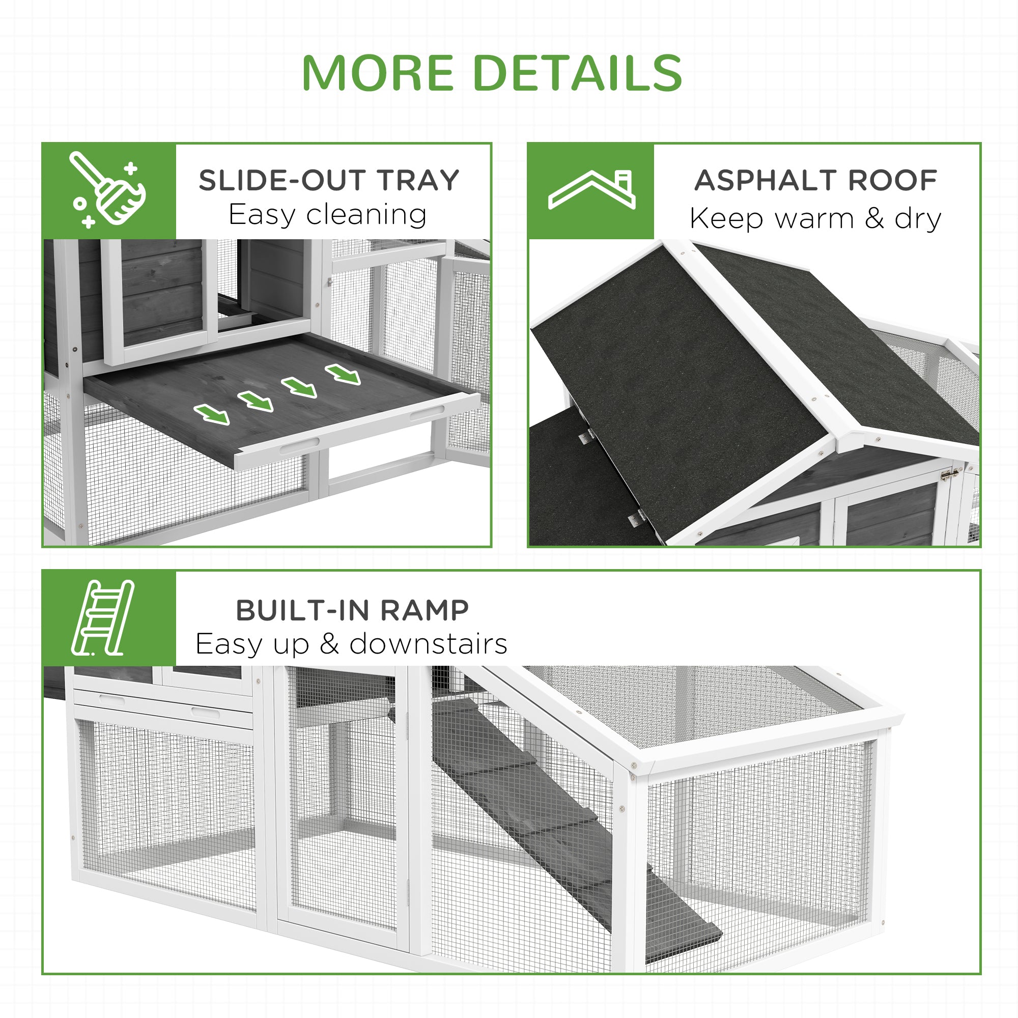 69" Chicken Coop Wooden Hen House Rabbit Hutch Poultry Cage Pen Outdoor Backyard with Outdoor Run Nesting Box Removable Tray Waterproof Asphalt Roof Lockable Door Grey