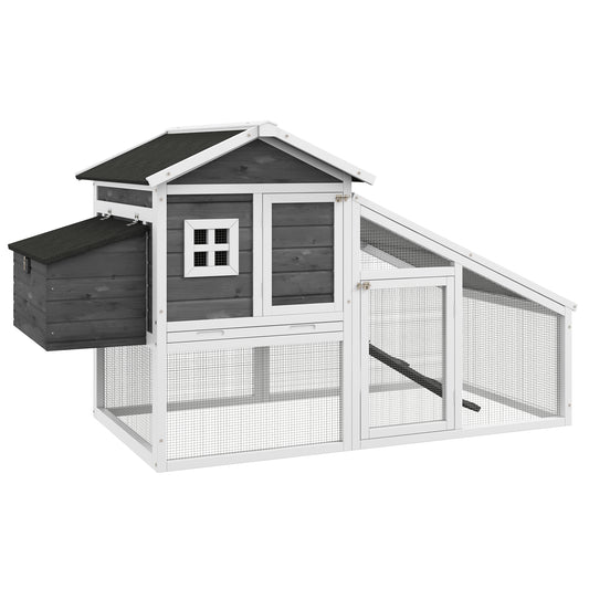 69" Chicken Coop Wooden Hen House Rabbit Hutch Poultry Cage Pen Outdoor Backyard with Outdoor Run Nesting Box Removable Tray Waterproof Asphalt Roof Lockable Door Grey