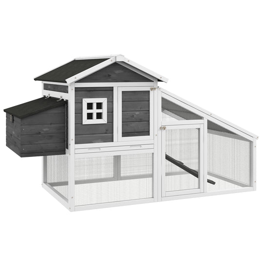 69" Chicken Coop Wooden Hen House Rabbit Hutch Poultry Cage Pen Outdoor Backyard with Outdoor Run Nesting Box Removable Tray Waterproof Asphalt Roof Lockable Door Grey