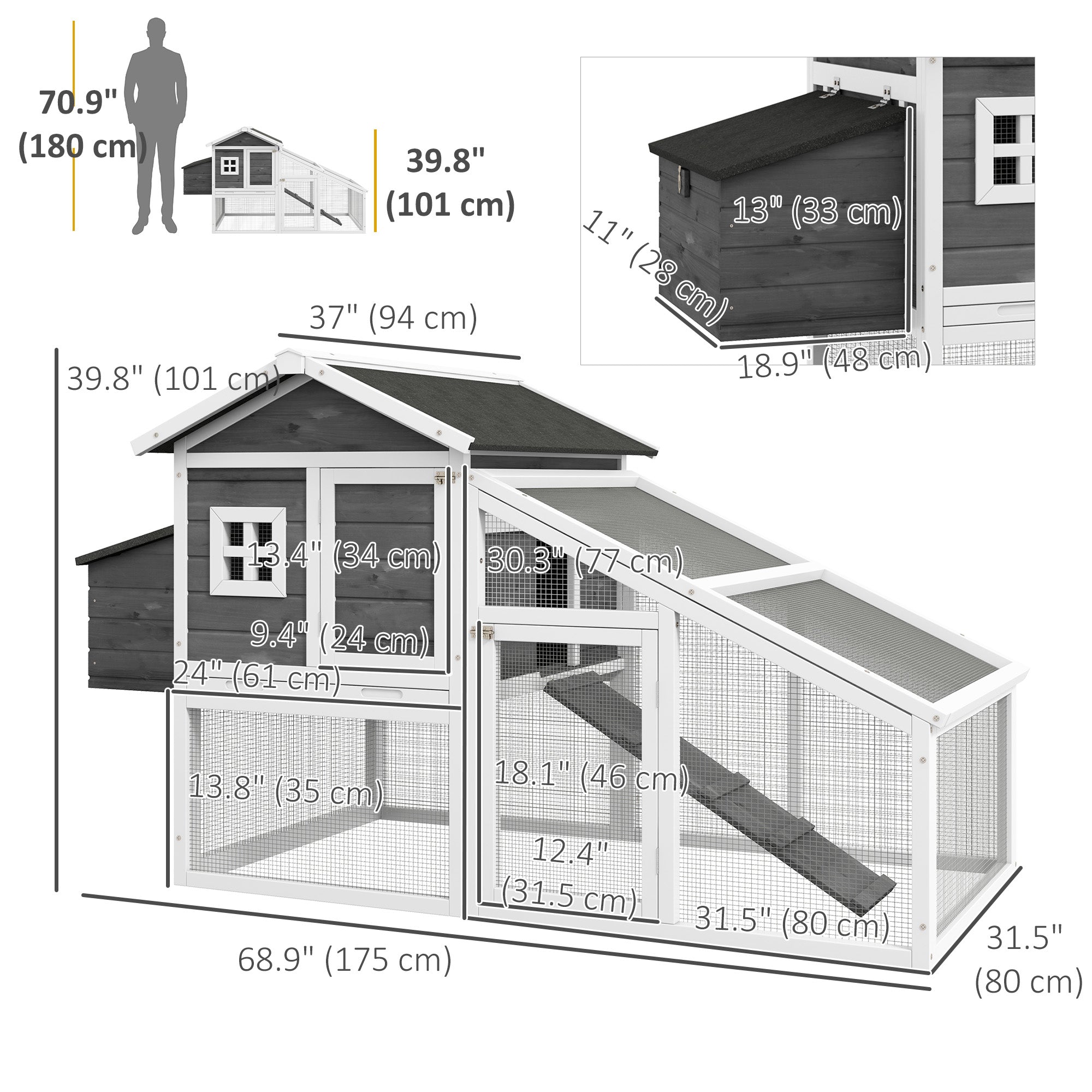 69" Chicken Coop Wooden Hen House Rabbit Hutch Poultry Cage Pen Outdoor Backyard with Outdoor Run Nesting Box Removable Tray Waterproof Asphalt Roof Lockable Door Grey