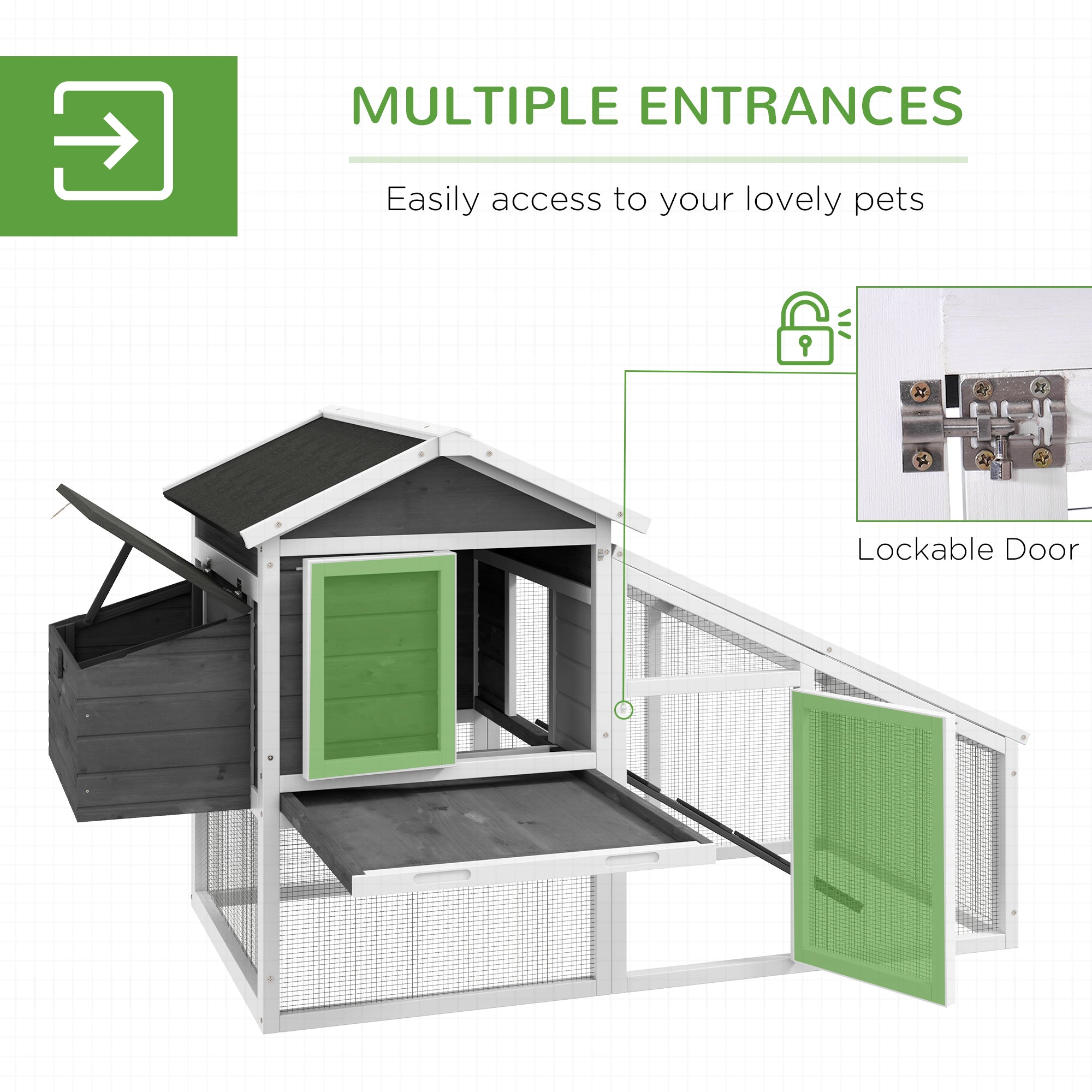 69" Chicken Coop Wooden Hen House Rabbit Hutch Poultry Cage Pen Outdoor Backyard with Outdoor Run Nesting Box Removable Tray Waterproof Asphalt Roof Lockable Door Grey