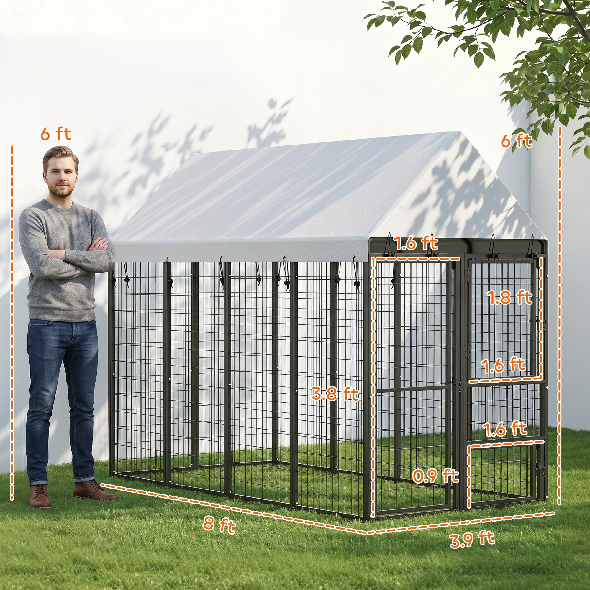 Large Dog Kennel Outdoor with Roof, 3 Doors, Expandable Heavy Duty Dog Kennel Outside Run Enclosure with Secure Lock, Removable Door, for Small Medium Large Pets, Chickens, Ducks, 8' x 4' x 6'