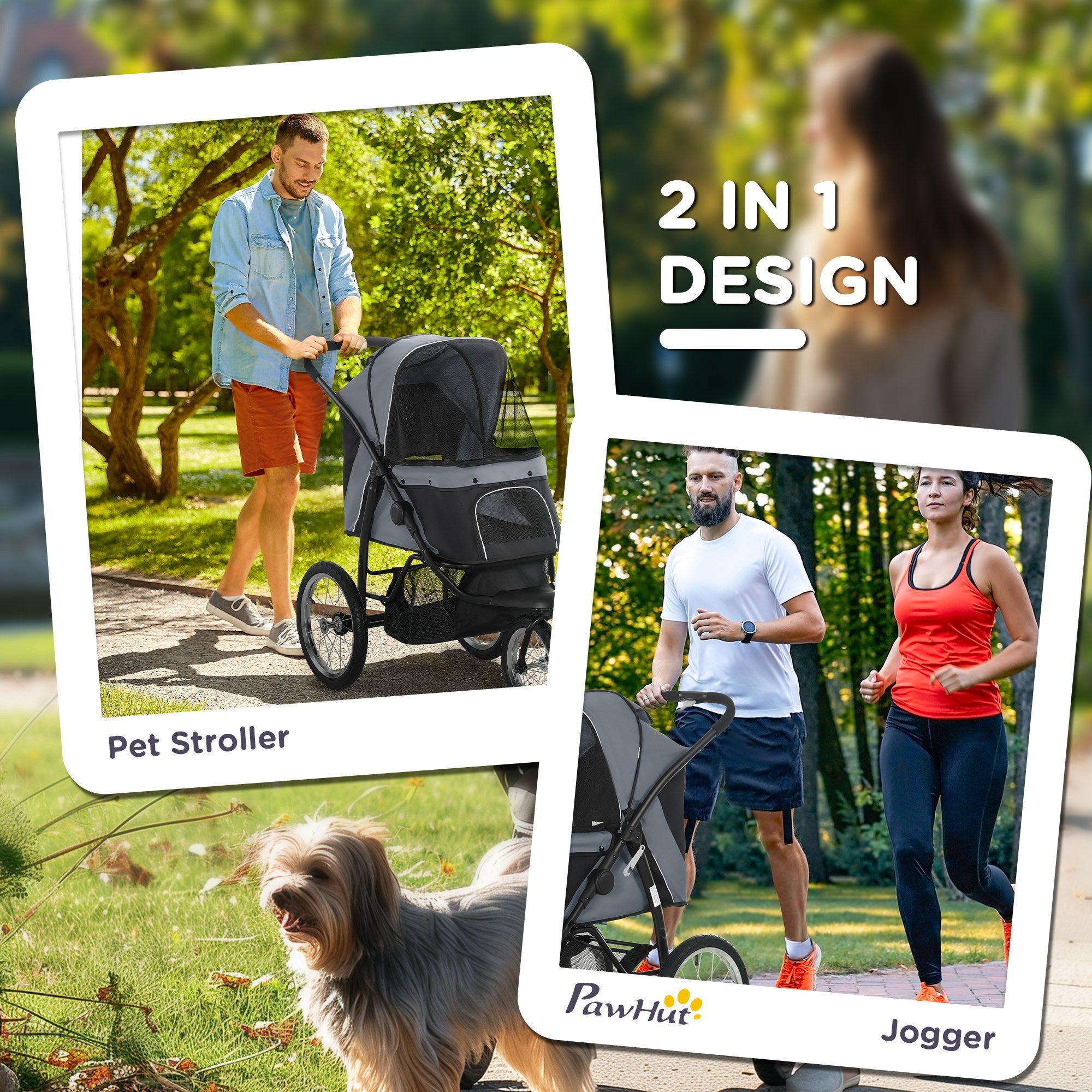 Pet Stroller for Small and Medium Dogs, 3 Big Wheels Cat Stroller Travel Folding Carrier with Adjustable Canopy, Safety Tether, Storage Basket, Black