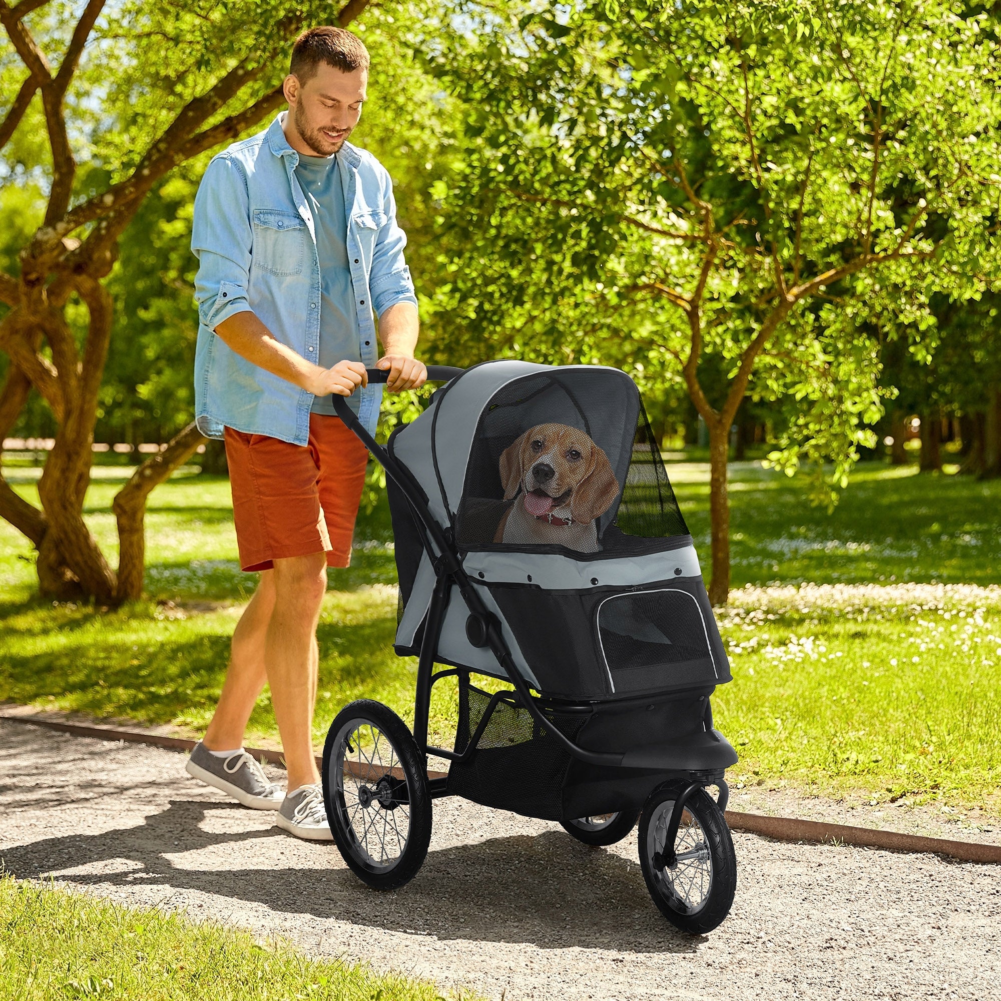 pet stroller for jogging PawHut Pet Stroller for Small Dogs with Adjustable Canopy, 3 Big Wheels, Foldable Cat Stroller with Safety Tether, Storage Basket, Gray