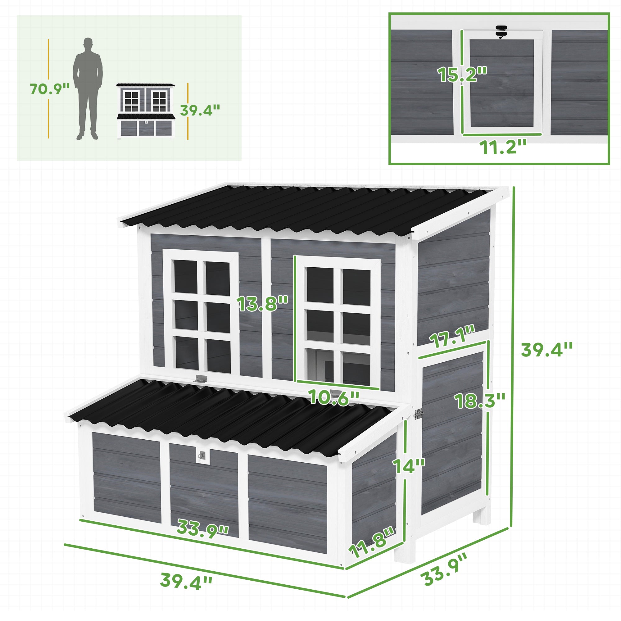 Wooden Chicken Coop, 39" Chicken House with Nesting Box, Pull-Out Tray, Waterproof Roof, Hen House Outdoor Poultry Cage for 4-6 Chickens, Rabbits, Small Animals, for Backyard, Light Gray