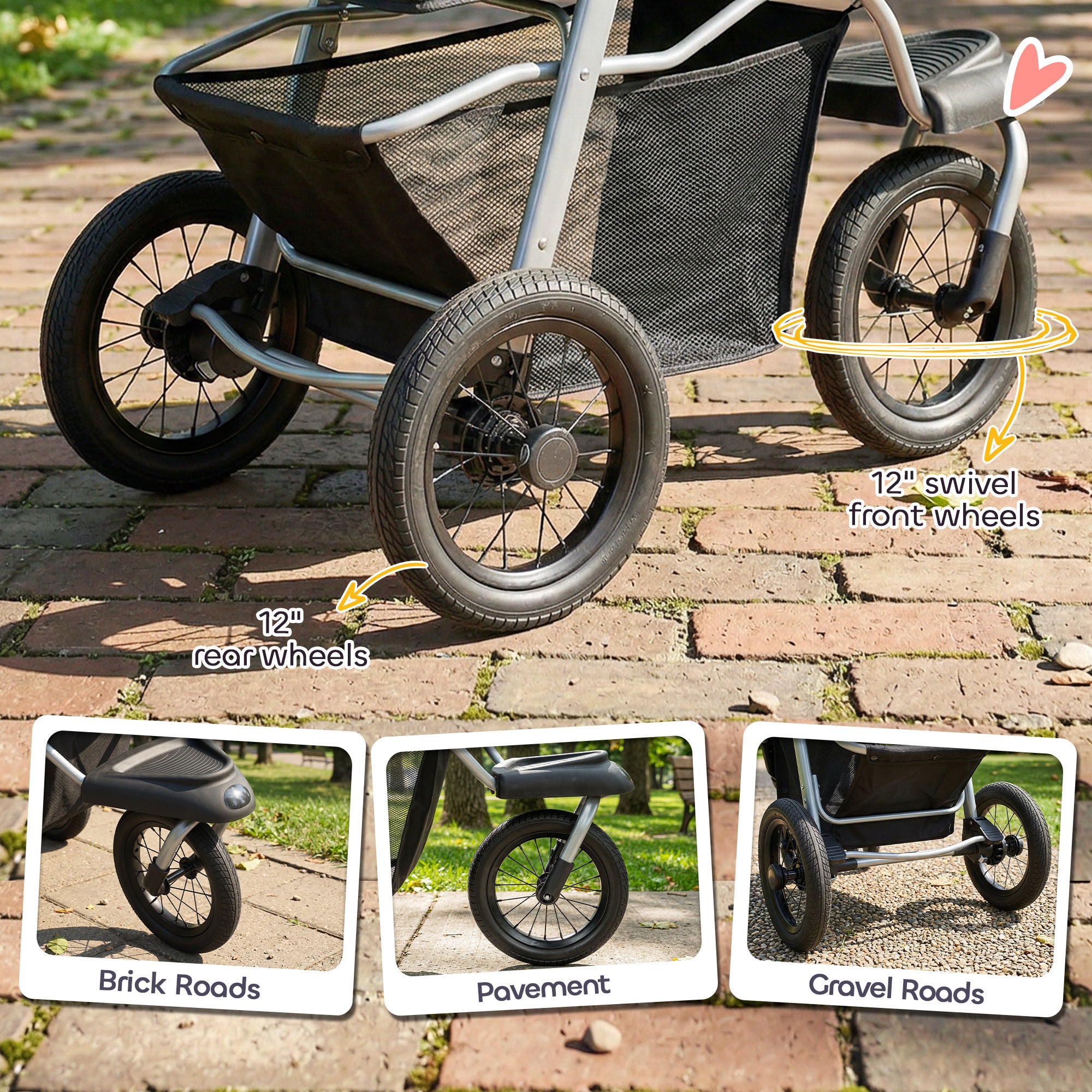 Dog Stroller for Small Dogs, 3 Wheel Foldable Pet Stroller with 12" Rubber Wheels, Mesh Window, One-Foot Brake, Storage Basket and Cup Holder, Up to 22 LBS, Light Gray