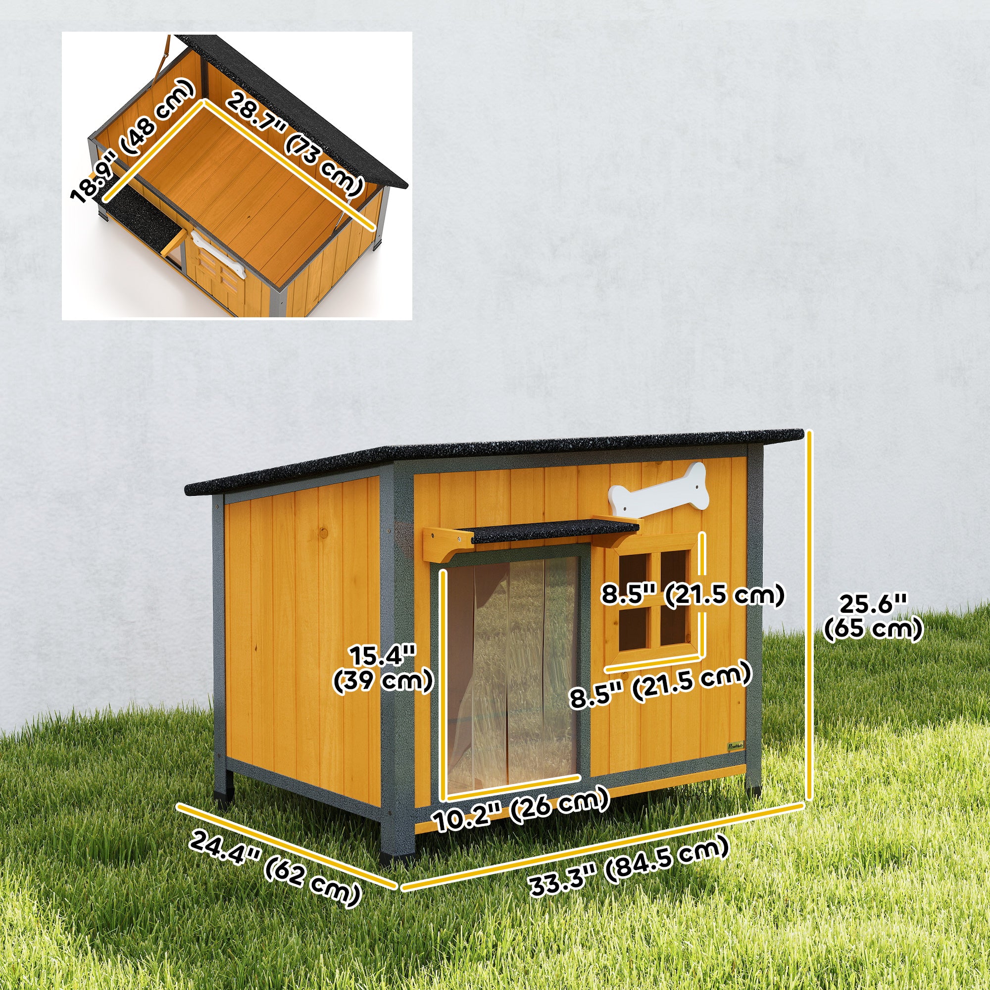 Dog House Anti-Chewing Steel Frame, Wooden Dog Kennel House with Openable Roof, Removable Floor, Door Curtain, Weatherproof Pet Shelter for Outdoor Indoor