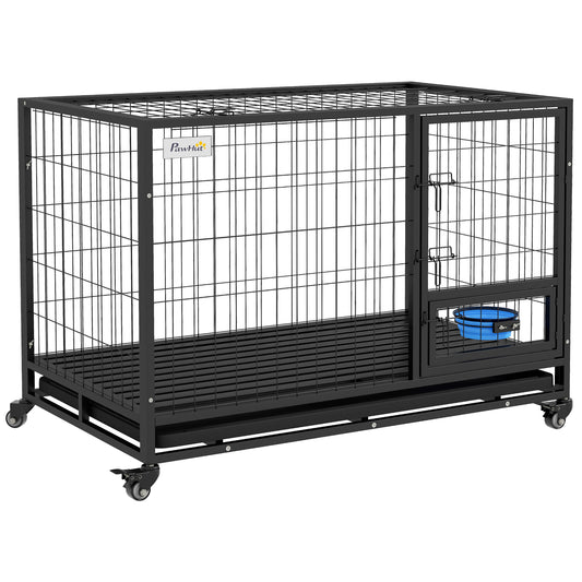 48" Heavy Duty Dog Crate with Bowl Holder, Dog Cage on Wheels with Removable Tray, Openable Top, Detachable Door, Indoor Outdoor Use, for Large and Extra Large Dogs - Black