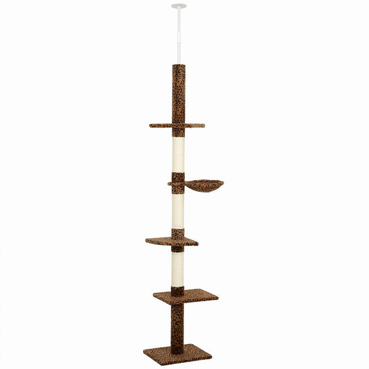 91"-102" Cat Tree, 5-Tier Floor-to-Ceiling Cat Tower Kitty Activity Center w/ Scratching Post, Cozy Hammock Play Rest Post Pet Furniture for Jumping Climbing, Leopard Print