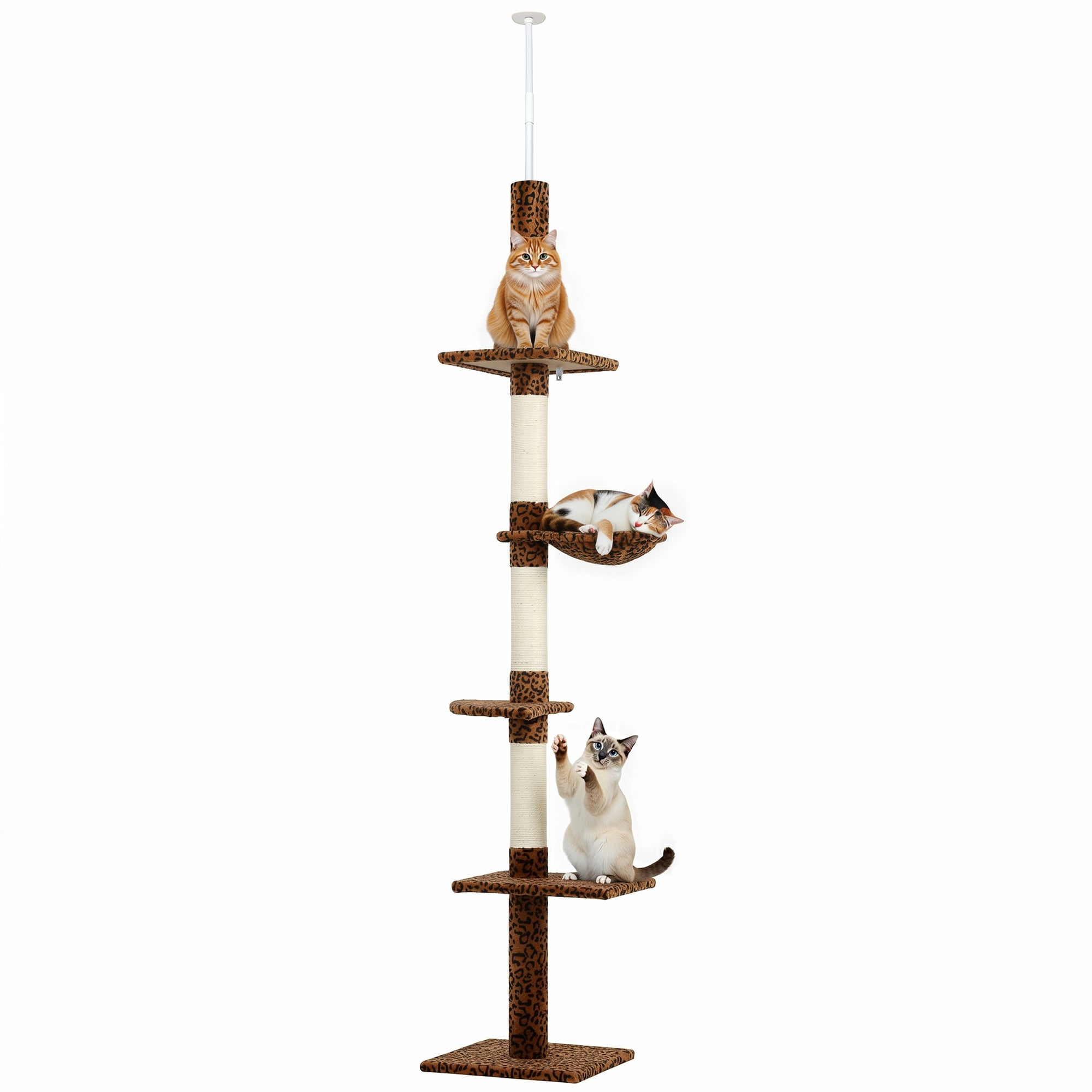 91"-102" Cat Tree, 5-Tier Floor-to-Ceiling Cat Tower Kitty Activity Center w/ Scratching Post, Cozy Hammock Play Rest Post Pet Furniture for Jumping Climbing, Leopard Print