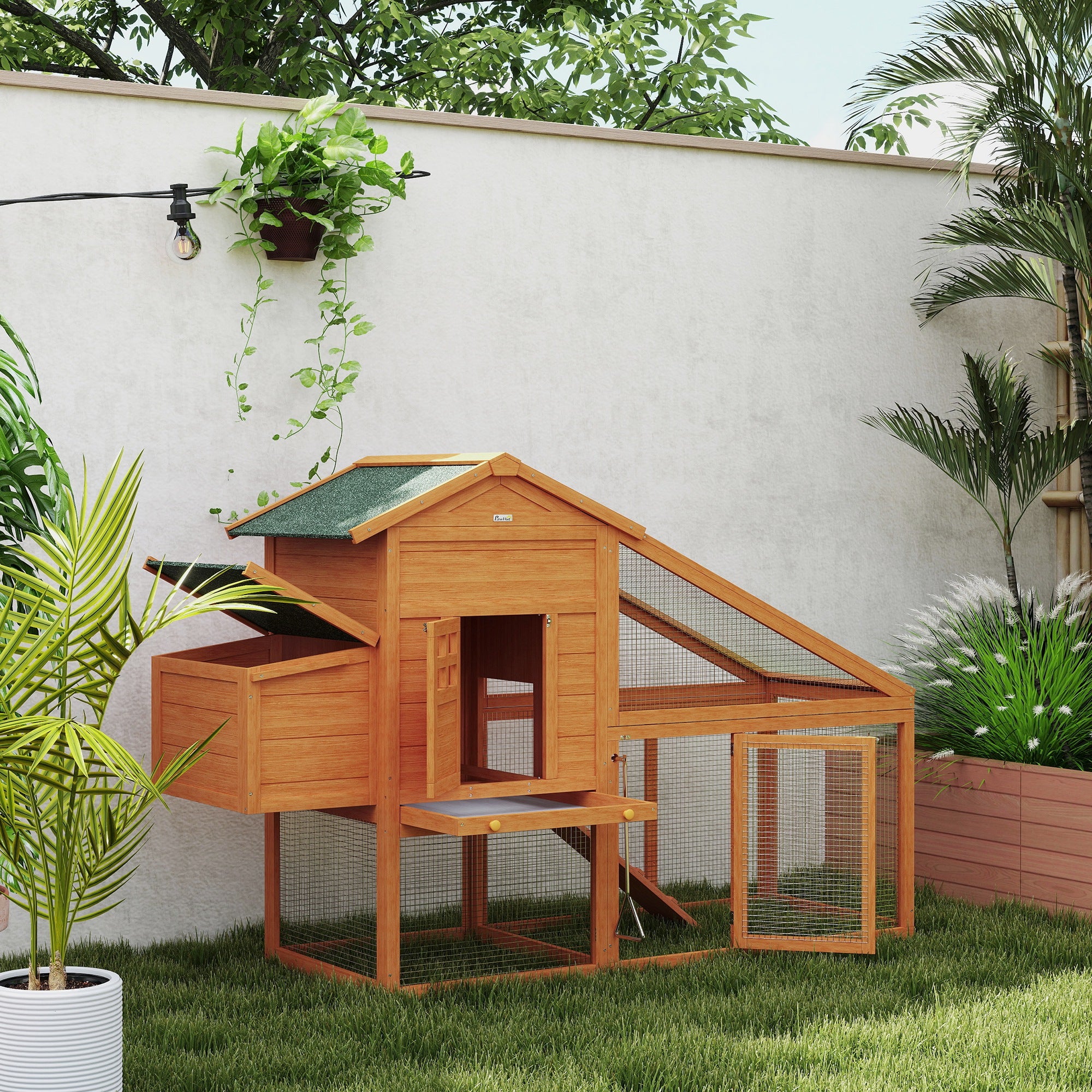 Chicken Coop with Run Outdoor, Wooden Hen House, Poultry Coop with Nesting Box, Slide-out Tray, Ramp, Perches, Asphalt Roof, 179 x 67 x 115cm