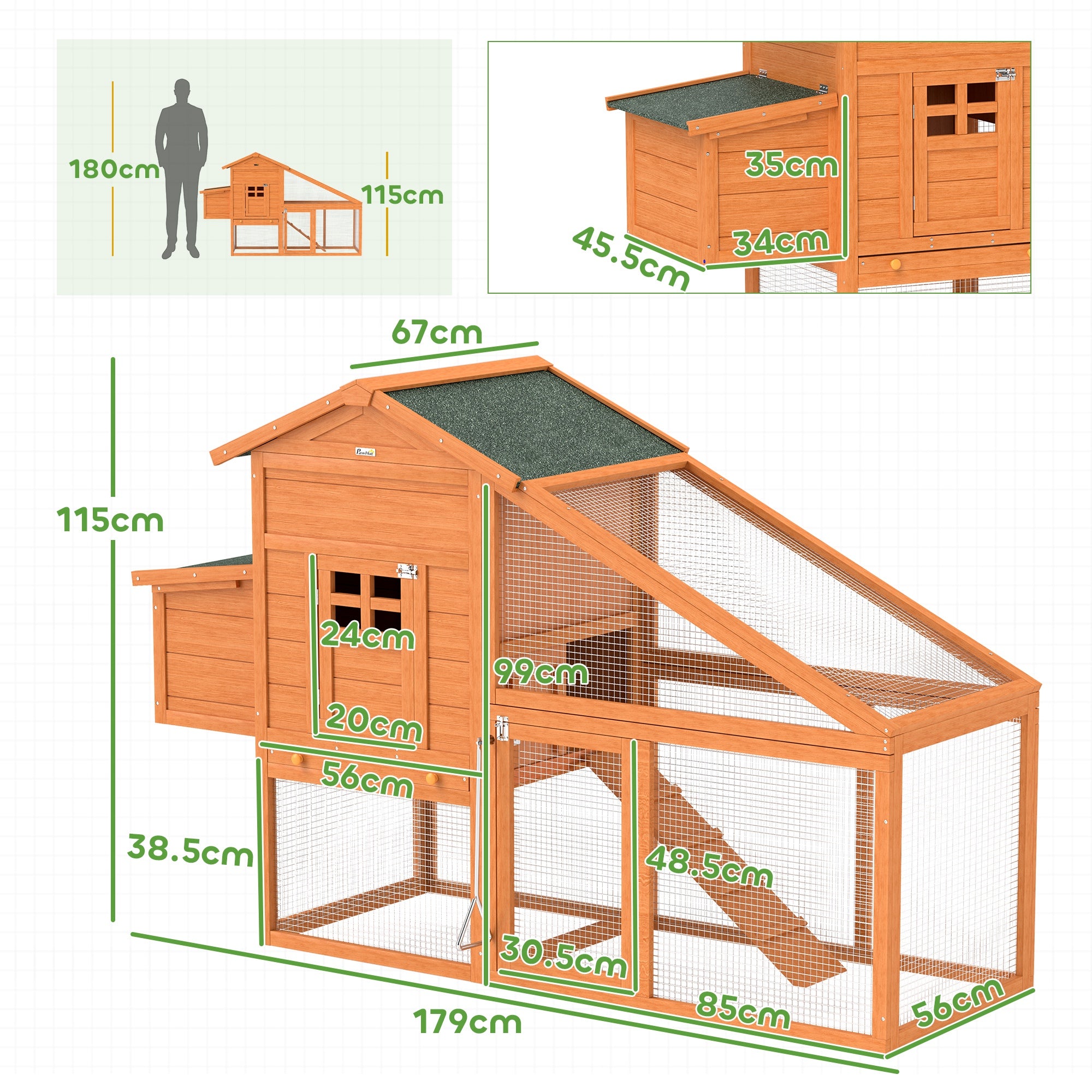 Chicken Coop with Run Outdoor, Wooden Hen House, Poultry Coop with Nesting Box, Slide-out Tray, Ramp, Perches, Asphalt Roof, 179 x 67 x 115cm