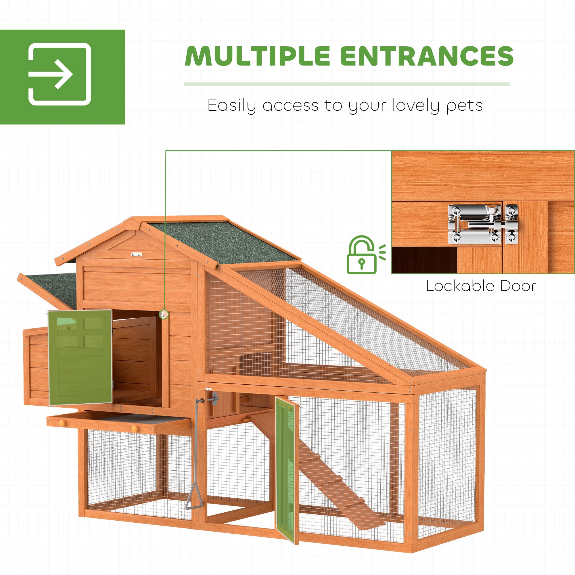 Chicken Coop with Run Outdoor, Wooden Hen House, Poultry Coop with Nesting Box, Slide-out Tray, Ramp, Perches, Asphalt Roof, 179 x 67 x 115cm