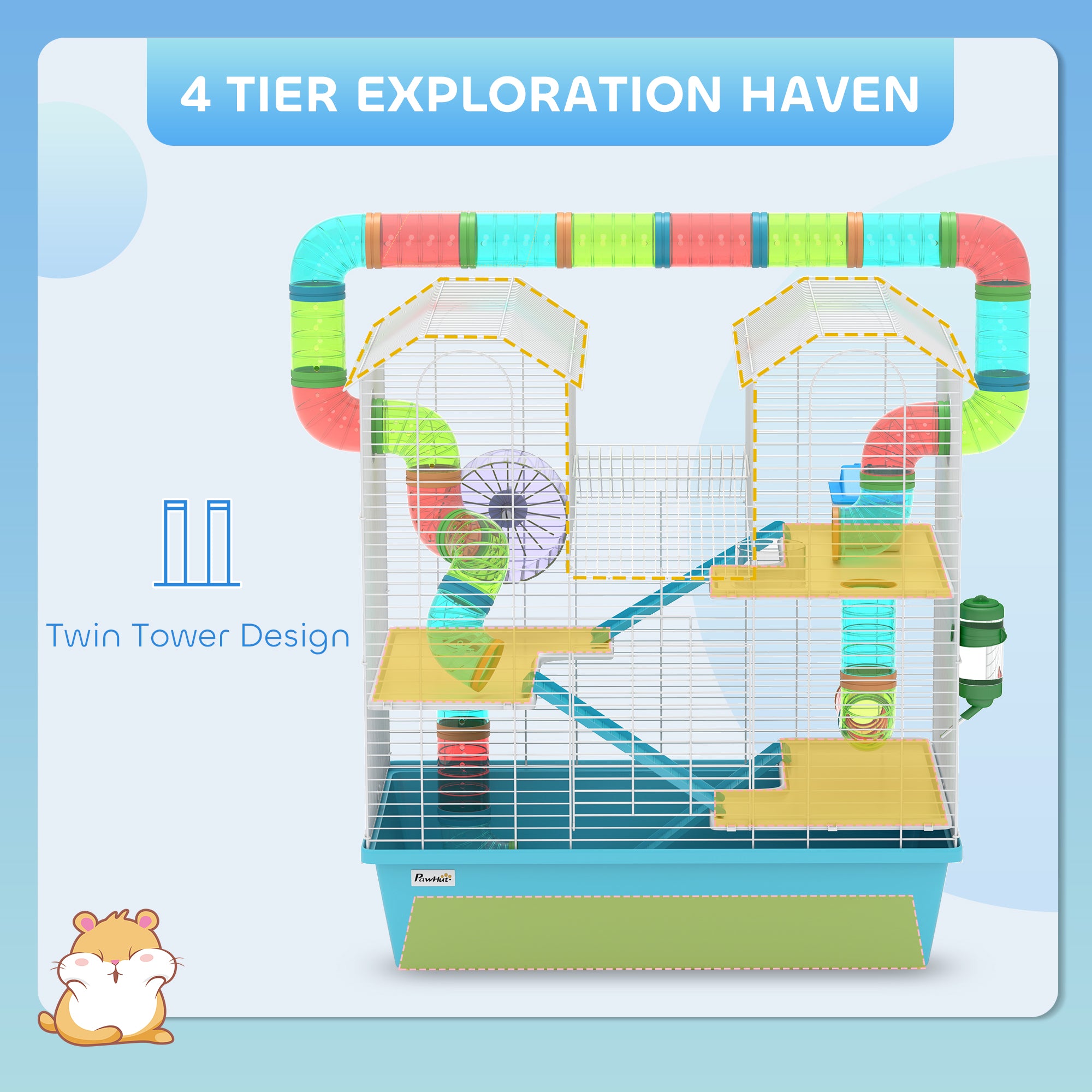 4 Tier Hamster Cage with Tube, Exercise Wheel, Hut, Water Bottle, Food Dish, Ramps, DIY Design, Large Hamster Cage for Dwarf, Light Blue