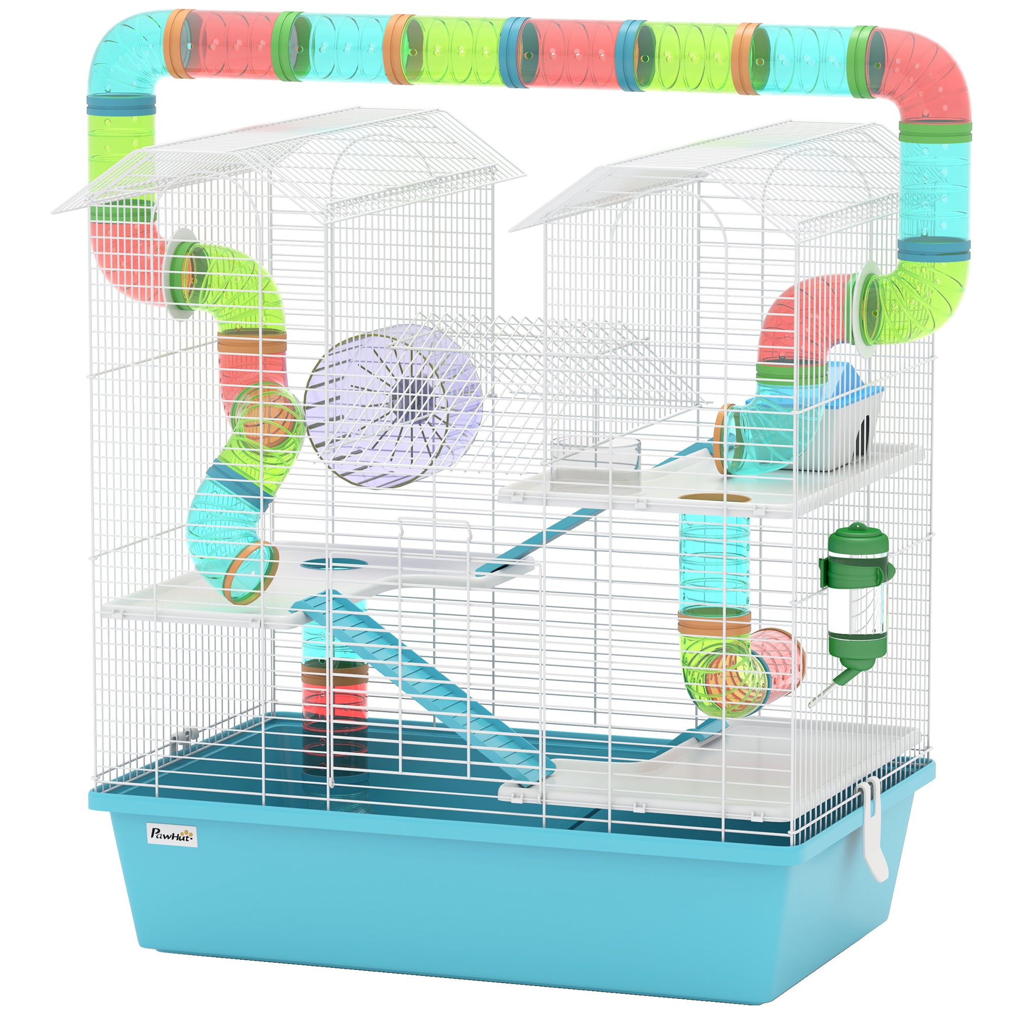 4 Tier Hamster Cage with Tube, Exercise Wheel, Hut, Water Bottle, Food Dish, Ramps, DIY Design, Large Hamster Cage for Dwarf, Light Blue