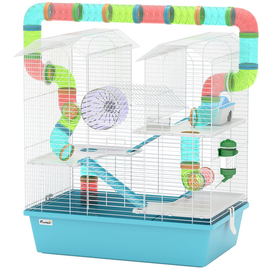 4 Tier Hamster Cage with Tube, Exercise Wheel, Hut, Water Bottle, Food Dish, Ramps, DIY Design, Large Hamster Cage for Dwarf, Light Blue
