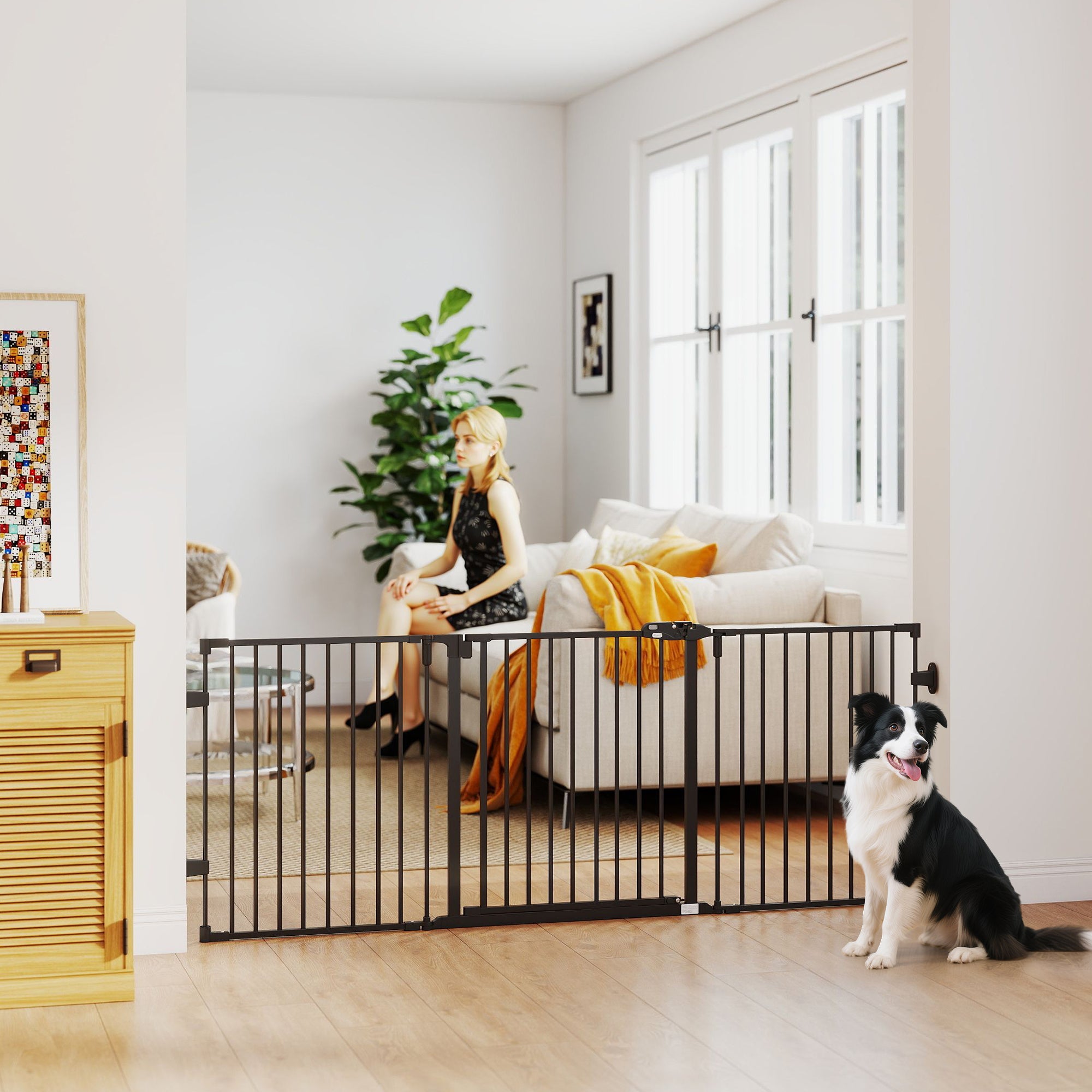 Foldable Dog Gate with Door, 3 Panel Metal Pet Gate for Stairs, Doorways, Hallways and Fireplace, Auto-Close Safety Gate, 202.5 x 76 cm, Black