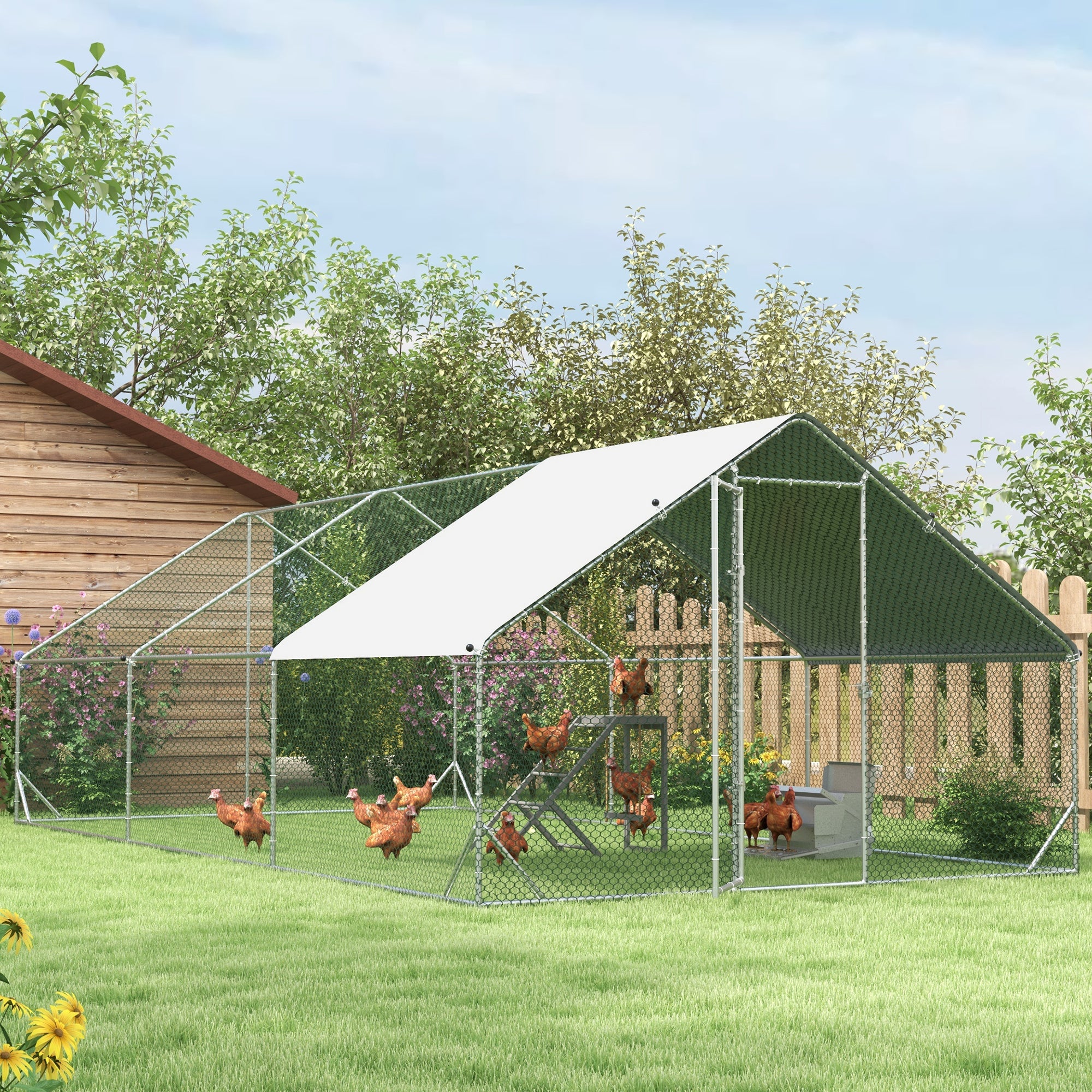 Chicken Run Galvanised Walk-in Chicken Coop Hen Poultry House Cage Rabbit Hutch Pet Playpen Garden w/ Water-Resist Cover, 3 x 6 x 2m