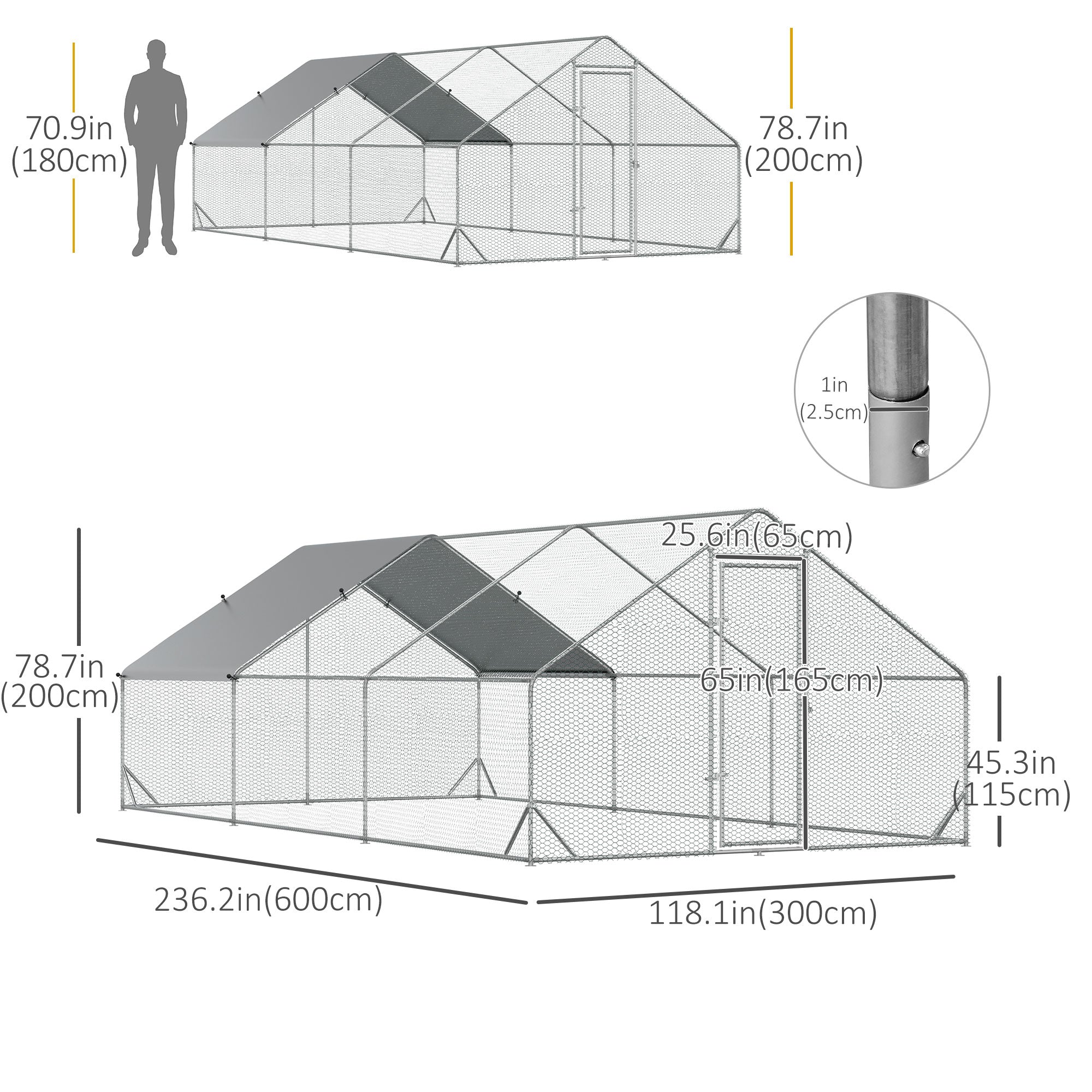 Metal Chicken Coop, Walk-in Large Chicken Run, Poultry Cage for Backyard Hen, Duck, Rabbit with Water- and UV-Protection Cover, for 12-18 Chickens, 9.8' x 19.7' x 6.6'