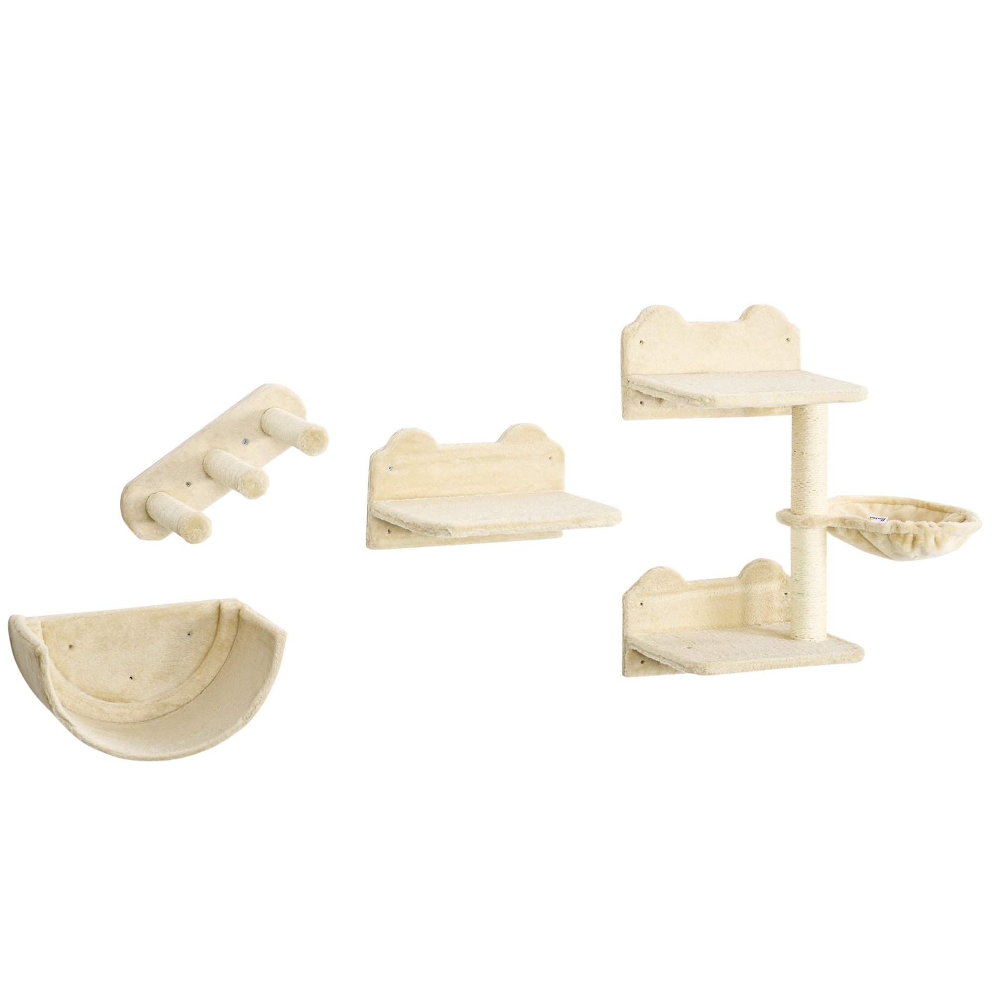 4PCs Wall Mounted Cat Tree Cat Wall Shelves Furniture Climbing Shelf Set Kitten Activity Centre w/ Hammock, Scratching Post - Beige