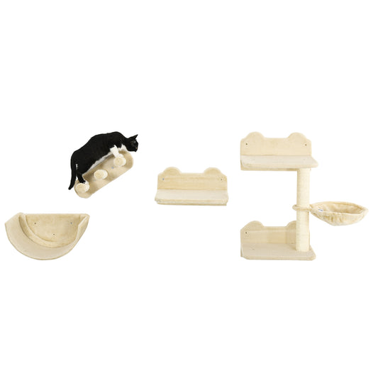Cat Wall Shelves, 3PCs Cat Shelves with Hammock, Scratching Post, 3 Steps, Jumping Platforms, Wall Mounted Cat Climber, Beige