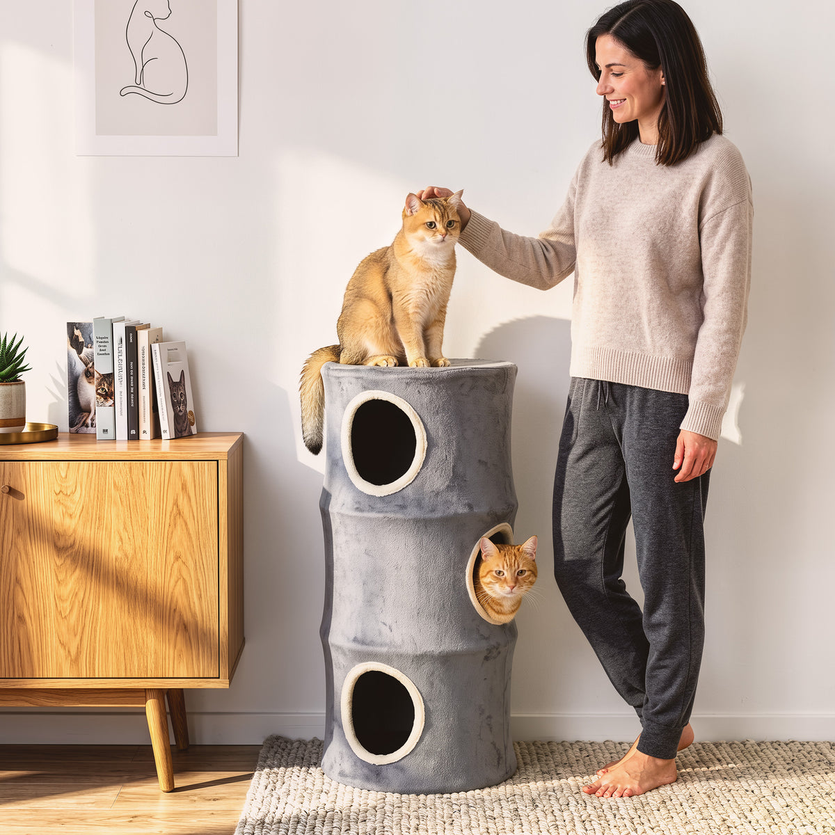 Cat House for Indoor Kittens, Cat Condo with Removable Washable Cover, Modern Barrel-Shaped Kitty Cave Bed, Stable Multi-Level Kitten Hideaway for Play & Rest, 40 x 40 x 80 cm, Grey