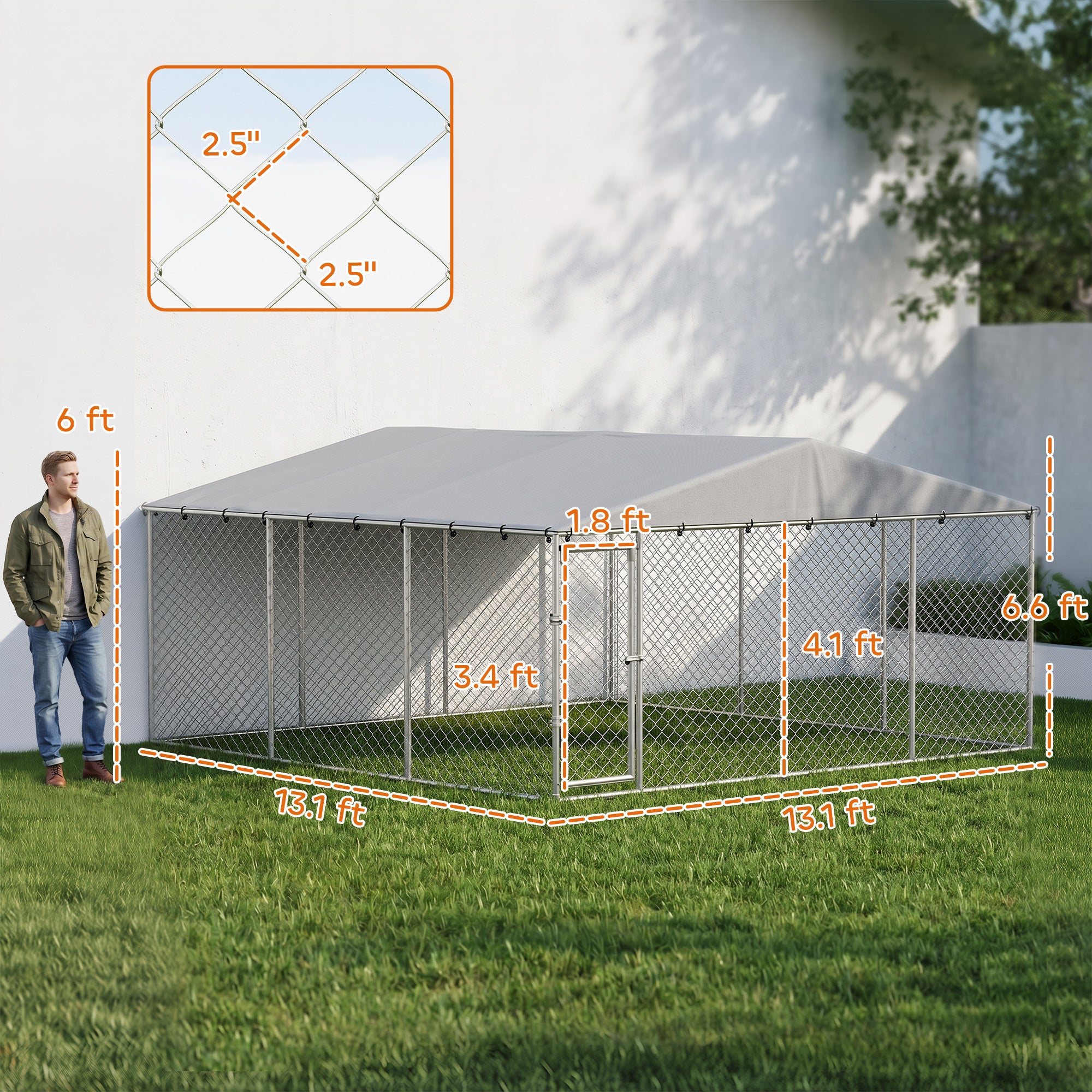 Extra Large Outdoor Dog Kennel, Heavy Duty Dog Run Outdoor Fence with Waterproof Cover, Galvanized Chain Link, Double Secure Locks, for Small Medium Breeds, Chickens, Ducks, 13' x 13' x 6.5'