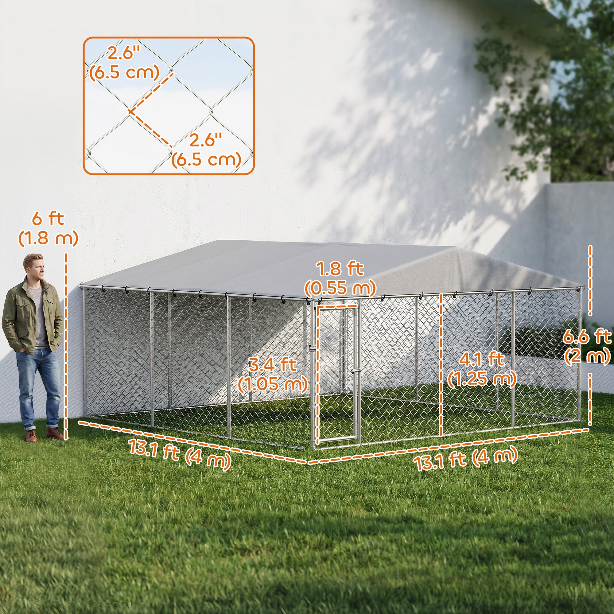 Extra Large Outdoor Dog Kennel Dog Run with Waterproof & UV Resistant Cover, Double Secure Locks, for Small and Medium Sized Dogs, 13.1' x 13.1' x 6.6', Silver