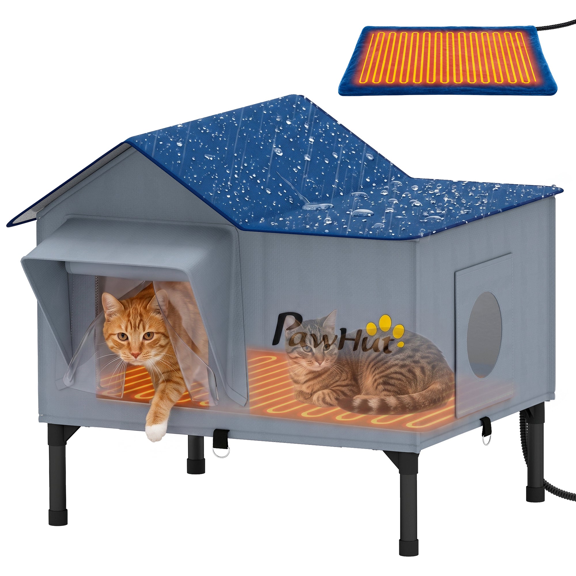 Heated Cat House Weatherproof with Heated Pad for Feral & Stray Cats, Outdoor Cat Shelter with Escape Door, 5 cm Elevated Base, Rainproof Roof