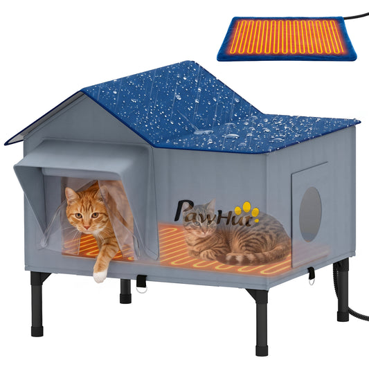 Heated Cat House Weatherproof with Heated Pad for Feral & Stray Cats, Outdoor Cat Shelter with Escape Door, 5 cm Elevated Base, Rainproof Roof