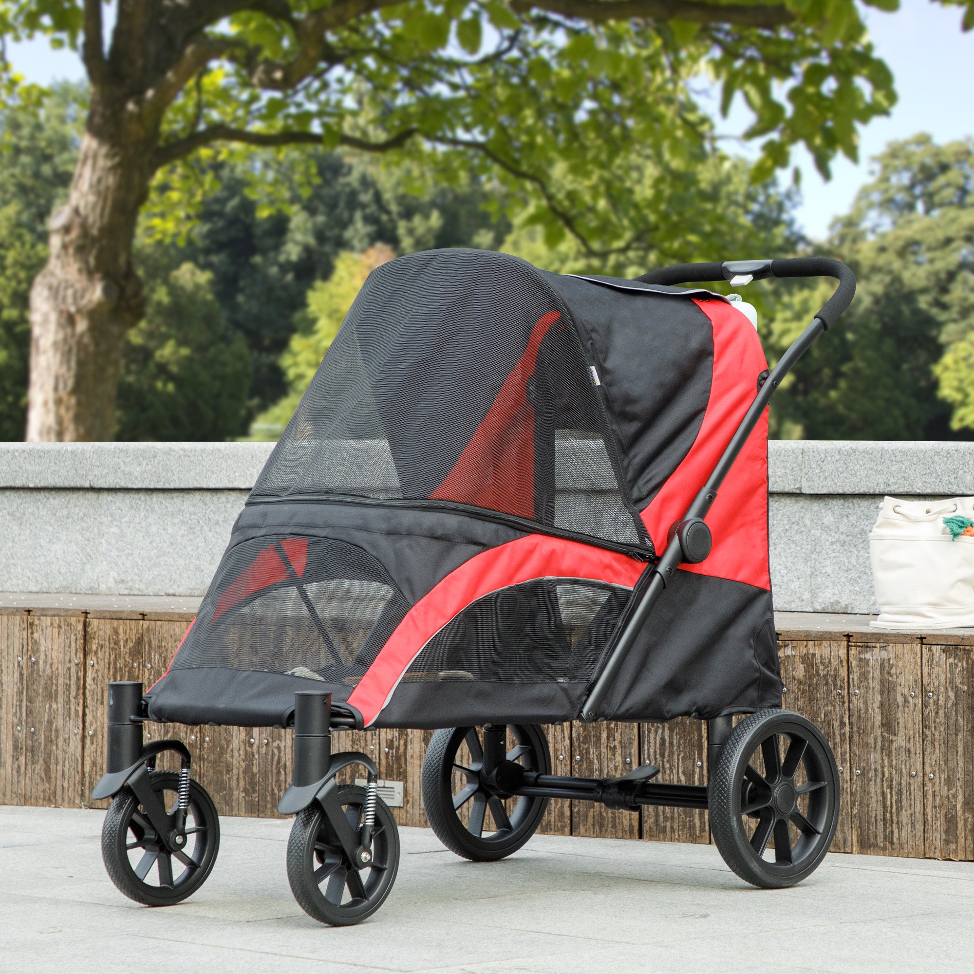 Dog Stroller, Easy Folding Pet Stroller for Large Dogs, Puppy Pram Pet Pushchair with 4 Big Wheels, Shock-Absorbing Frame, Safety Leashes, Brakes, Red/Black
