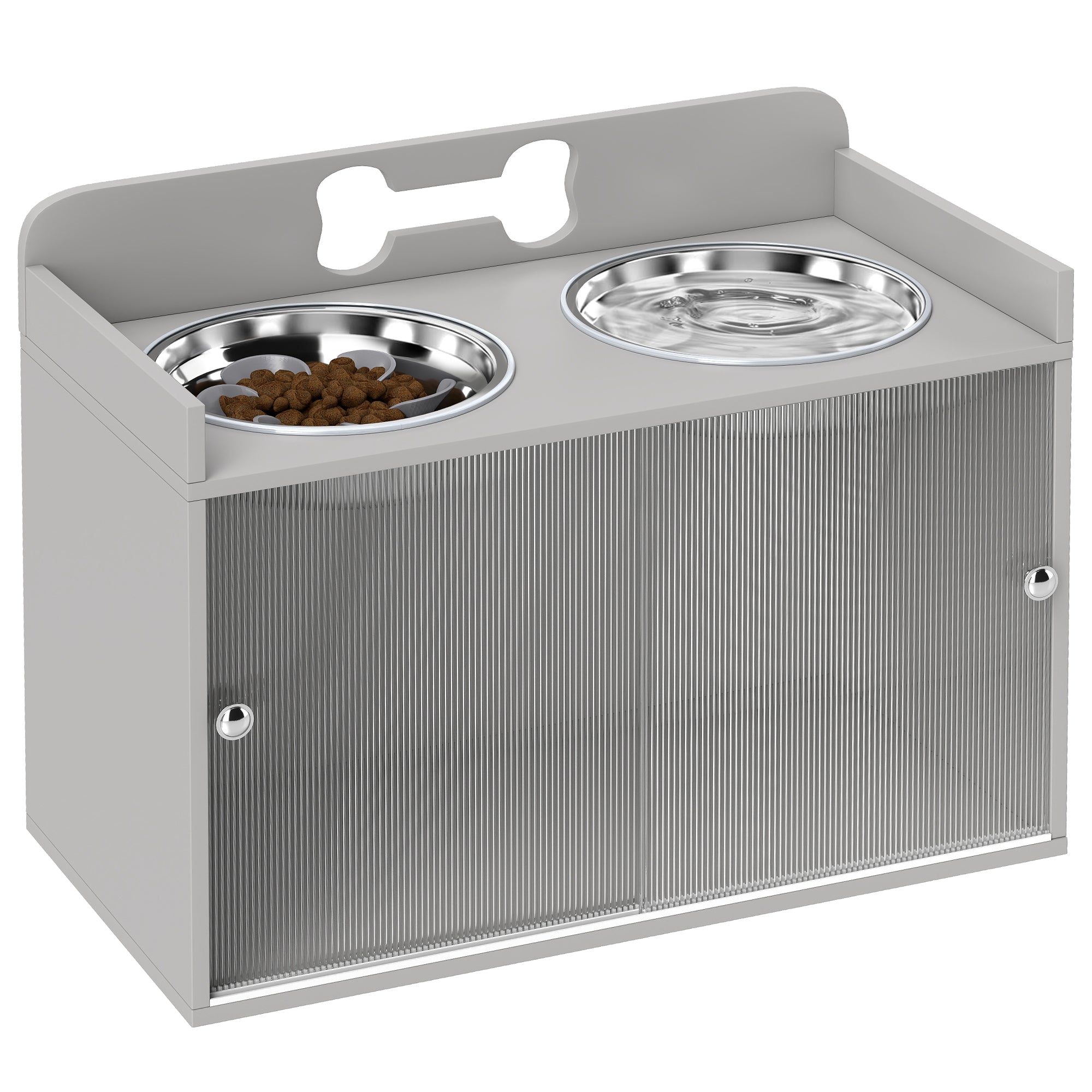 Elevated Dog Bowls with Storage, Raised Dog Bowl Stand with 2 Stainless Steel Food Dishes and Slow Feeder, Pet Feeding Station for Large Breeds, Gray
